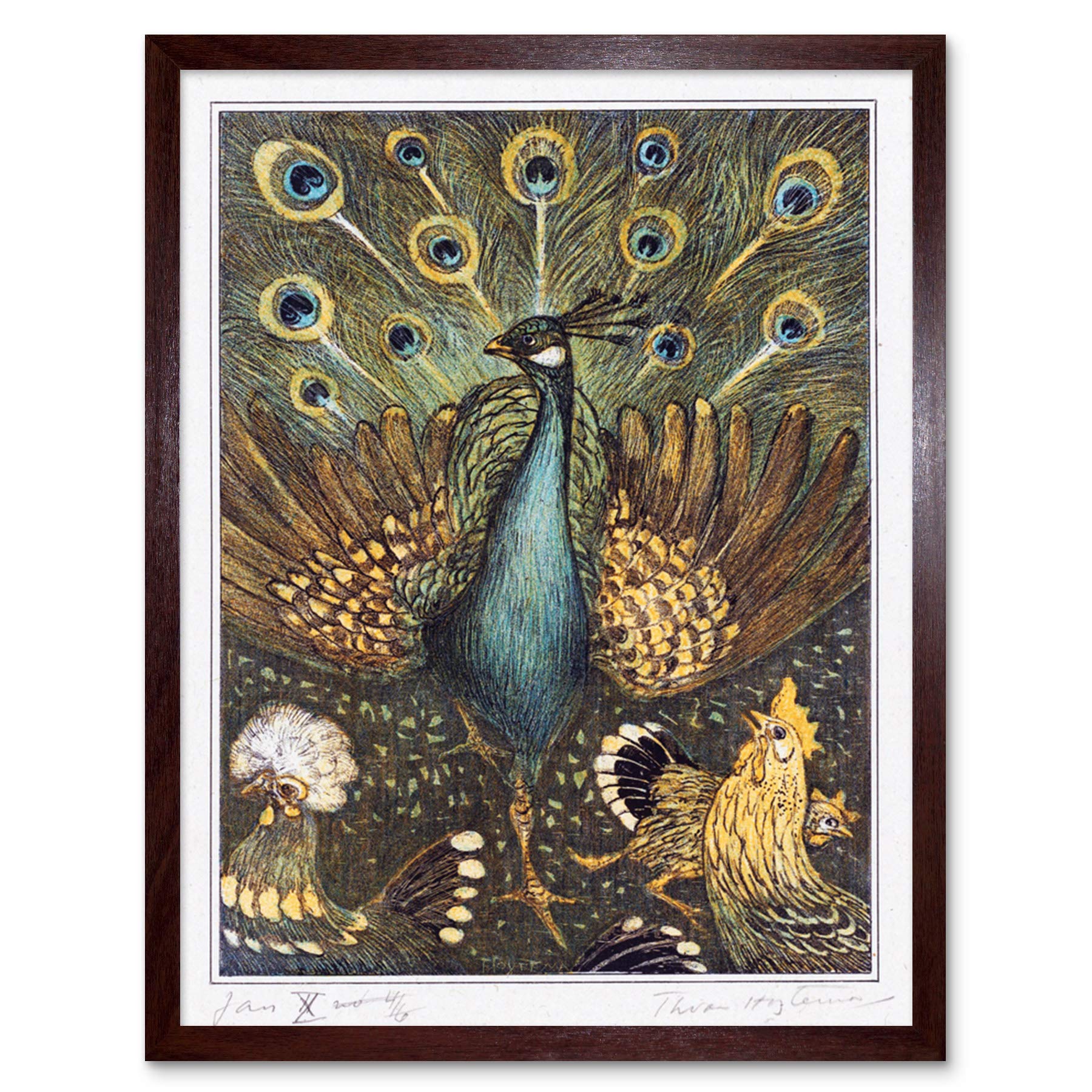Artery8 Hoytema Peacock Chickens Birds Drawing Art Print Framed Poster Wall Decor 12x16 inch
