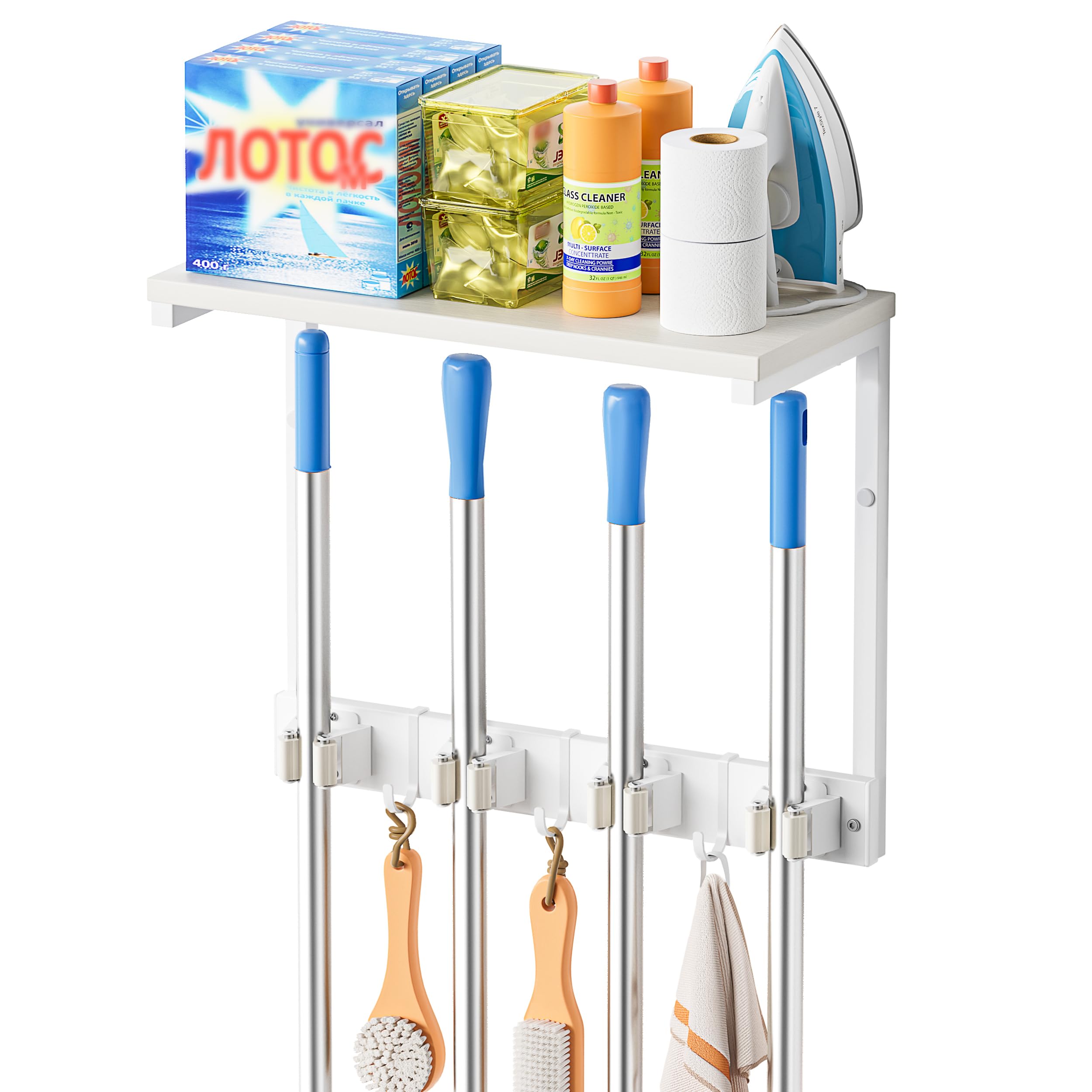 VINCOURNA Broom Holder Wall Mounted, Mop Hanger with 5 Slots 6 Hooks, Brush Holders with Cleaning Organiser Shelves, Utility Room Storage Solutions Broom Cupboard for Laundry Room Garage Single-Sided