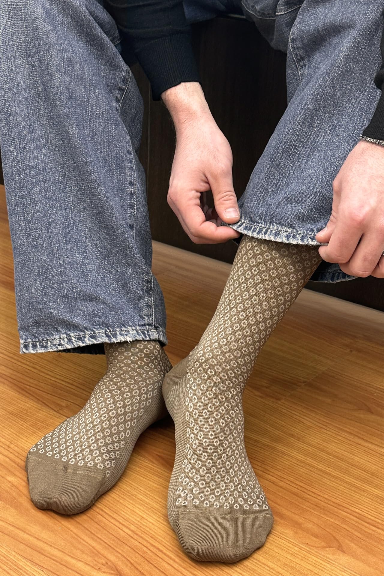 GATTI A POIS Calze Lunghe da Uomo in Filo di Scozia Brown, 3 Paia, Microbolle e Vanisè, Elegante, Cacao e Beige, Made in Italy