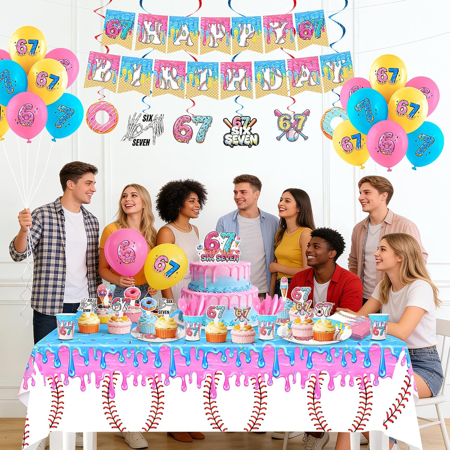 67 Birthday Decorations Party Supplies 191 Pcs 6 7 Meme Themed Set Tableware Plates Cups Cutlery Napkins Tablecloth Banner Backdrop Cake Toppers Balloons Hanging Swirls Six Seven, Serves 20