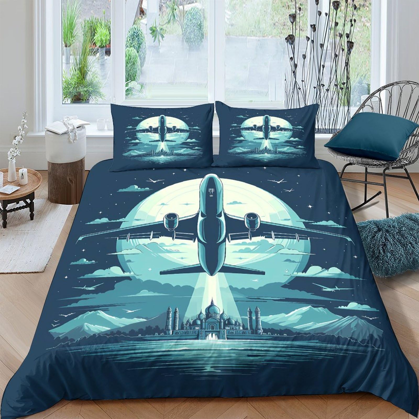 Ctjqhvkz Style-10 3D Printed Airplane Moon Fitted Sheet Microfiber Soft Blue Sky Bed Cover For Bedroom Guest Room Dorm Decor Single（135X200cm）