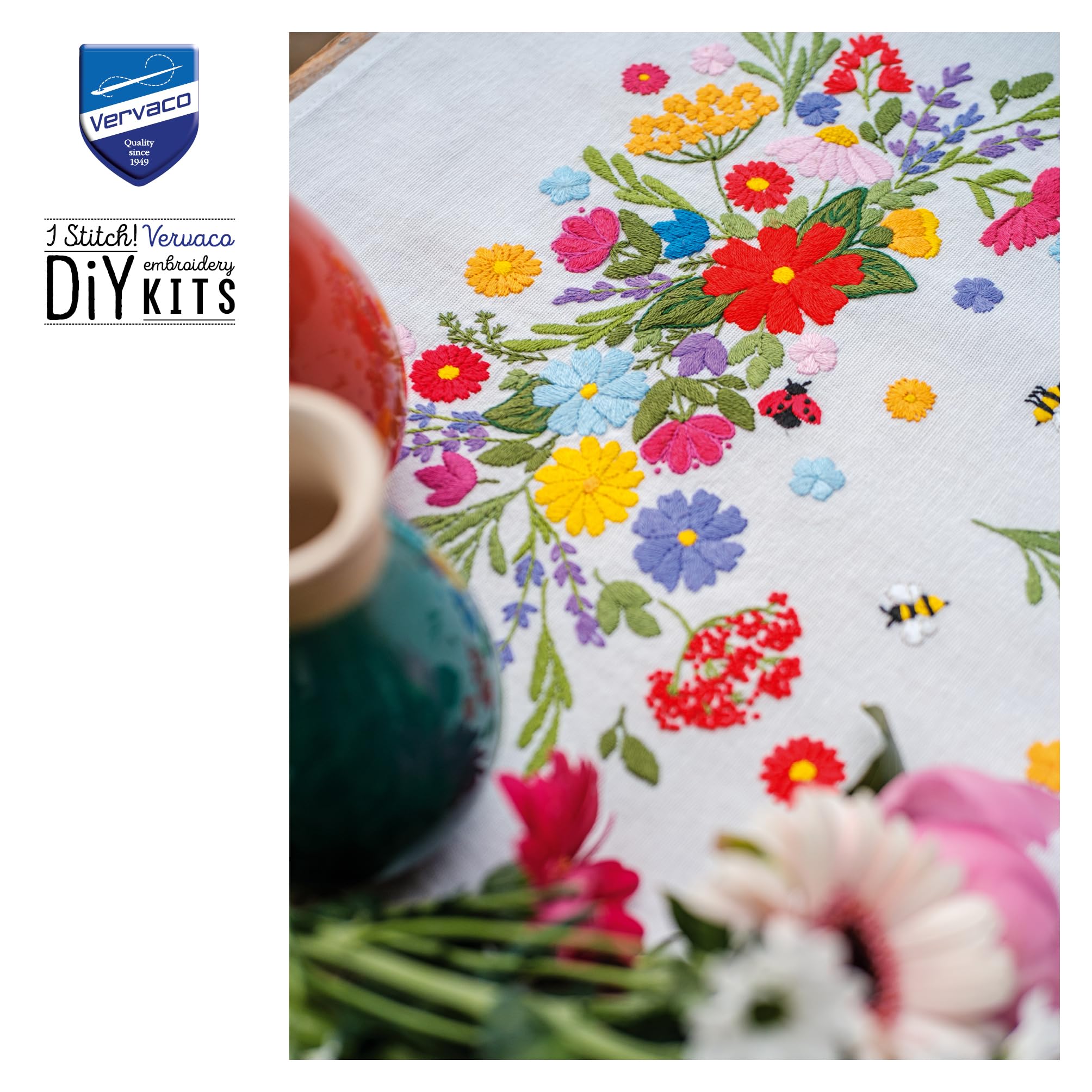 VERVACO Kit Centrotavola Ricamo Prestampato MONDO FLOREALE Set Ricamo Biancheria Da Tavola ca. 35 x 95 cm Set Fai Da Te Creativo Size Kit Hobby Creativi Adulti Casa Decor Embroidery Embroidery Runner