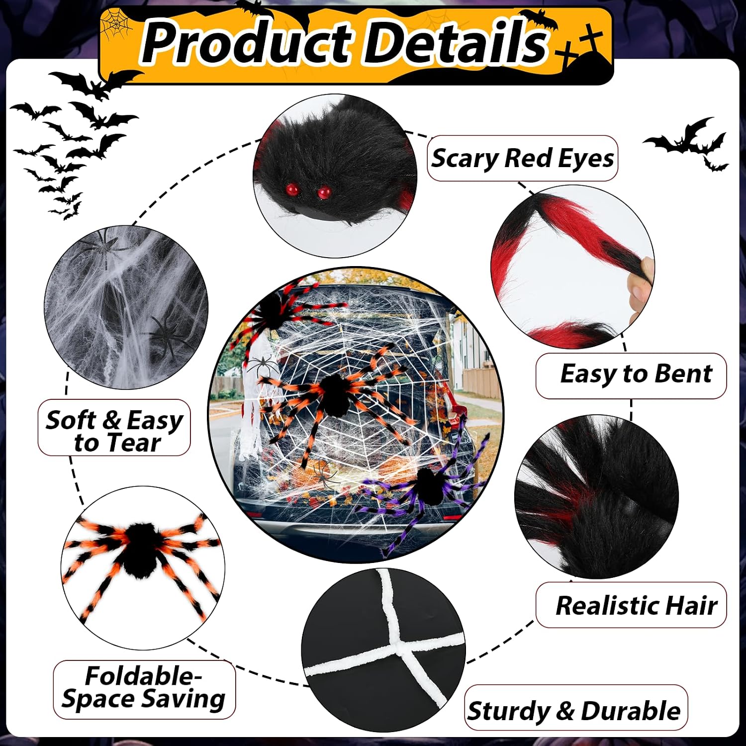 Halloween Spiders Outdoor Decorations 16.4ft 9 Coils Spider Web Trunk or Treat Car Decors Giant Colorful Hairy Spiders for Yard SUV Garage Door Archway Entryway Haunted House Birthday Party Supplies