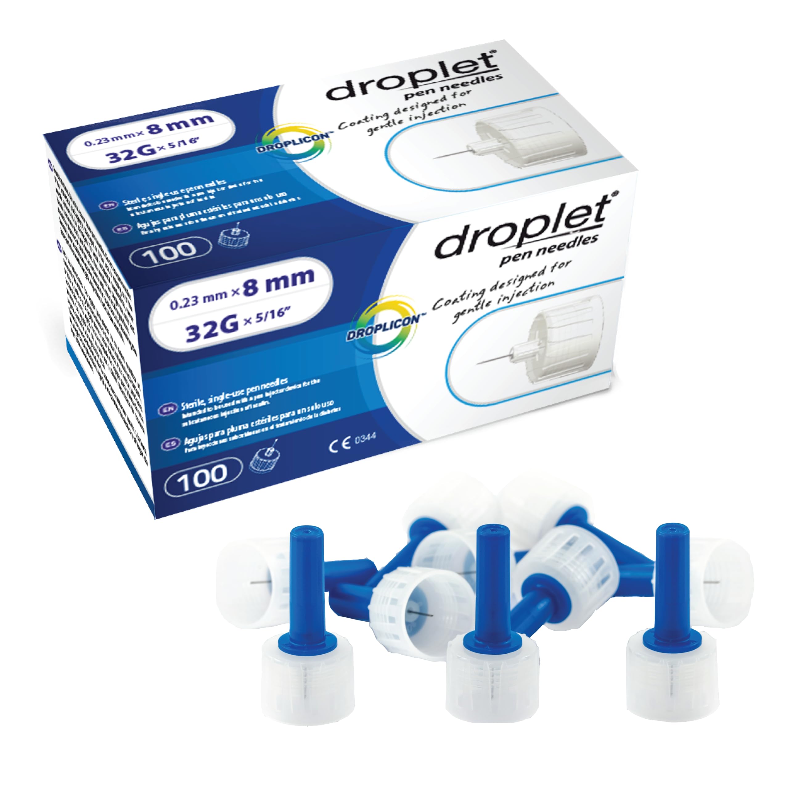 Droplet Pen Needles, 32G 8mm, Diabetic Needles for Insulin Injections, 100ct Box, Compatible with Most Pen Injectors