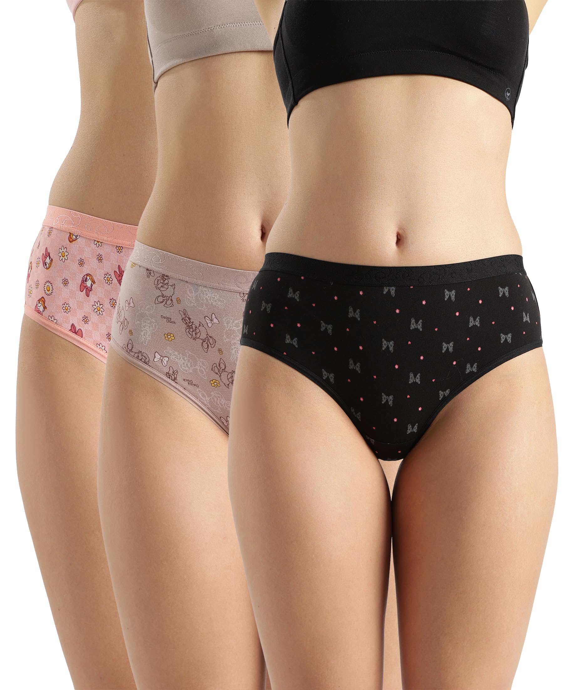 jockey D301 Women's Disney Mickey & Friends High Coverage Super Combed Cotton Elastane Stretch Mid Waist Hipster | Mickey Mouse |Minnie Mouse and Daisy Duck Printed Panty Set (Pack of 3)-picture-11