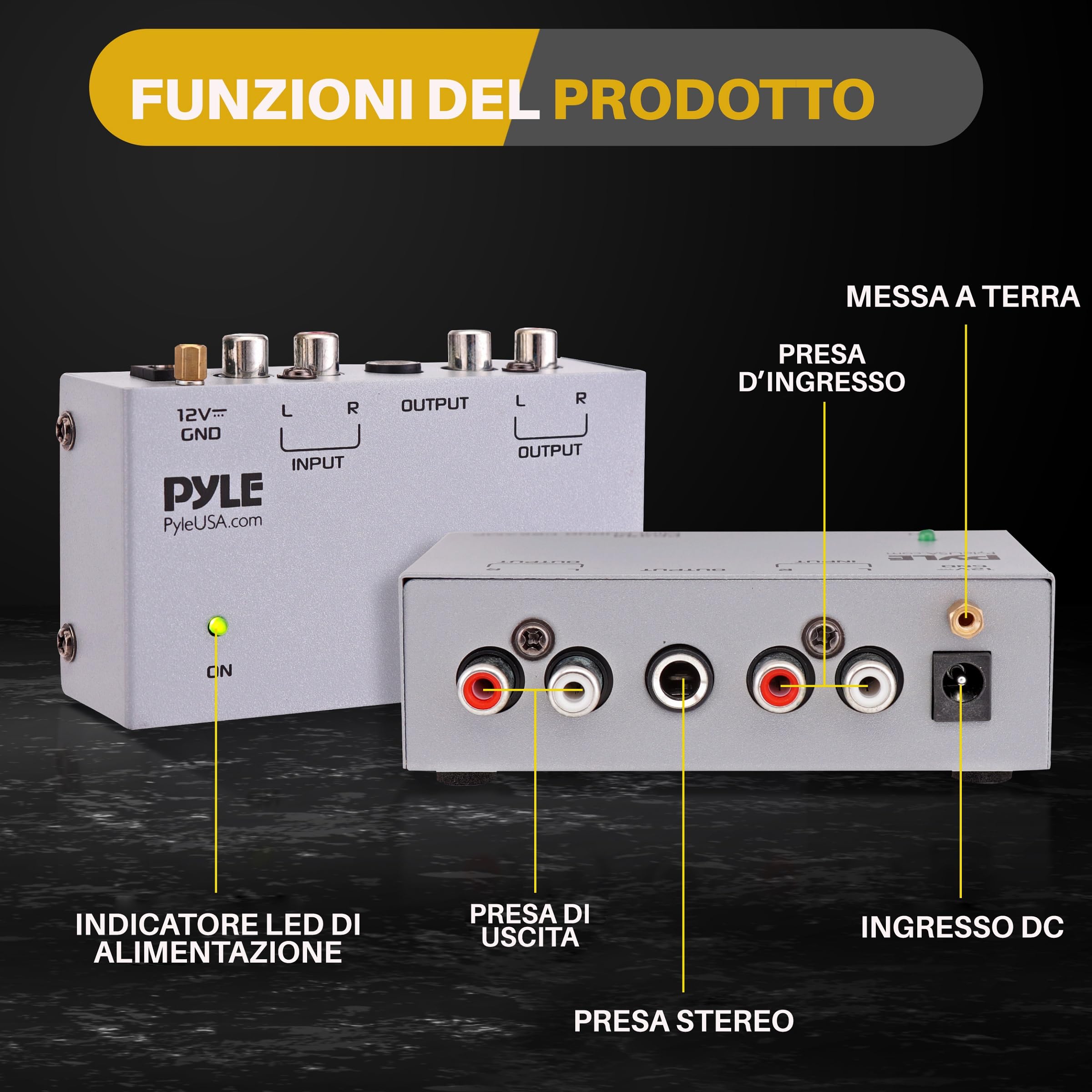Pyle Preamplificatore Phono Mini per Giradischi con Ingressi e Uscite RCA, Basso Rumore, 12V DC, Grigio