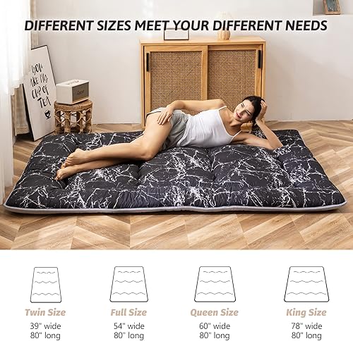 Miniatura 96 de MAXYOYO El mármol negro imprimió el futón japonés, la almohadilla de dormir espesa enrolla el colchón que acampa Mármol negro,Flor 1,floral azul