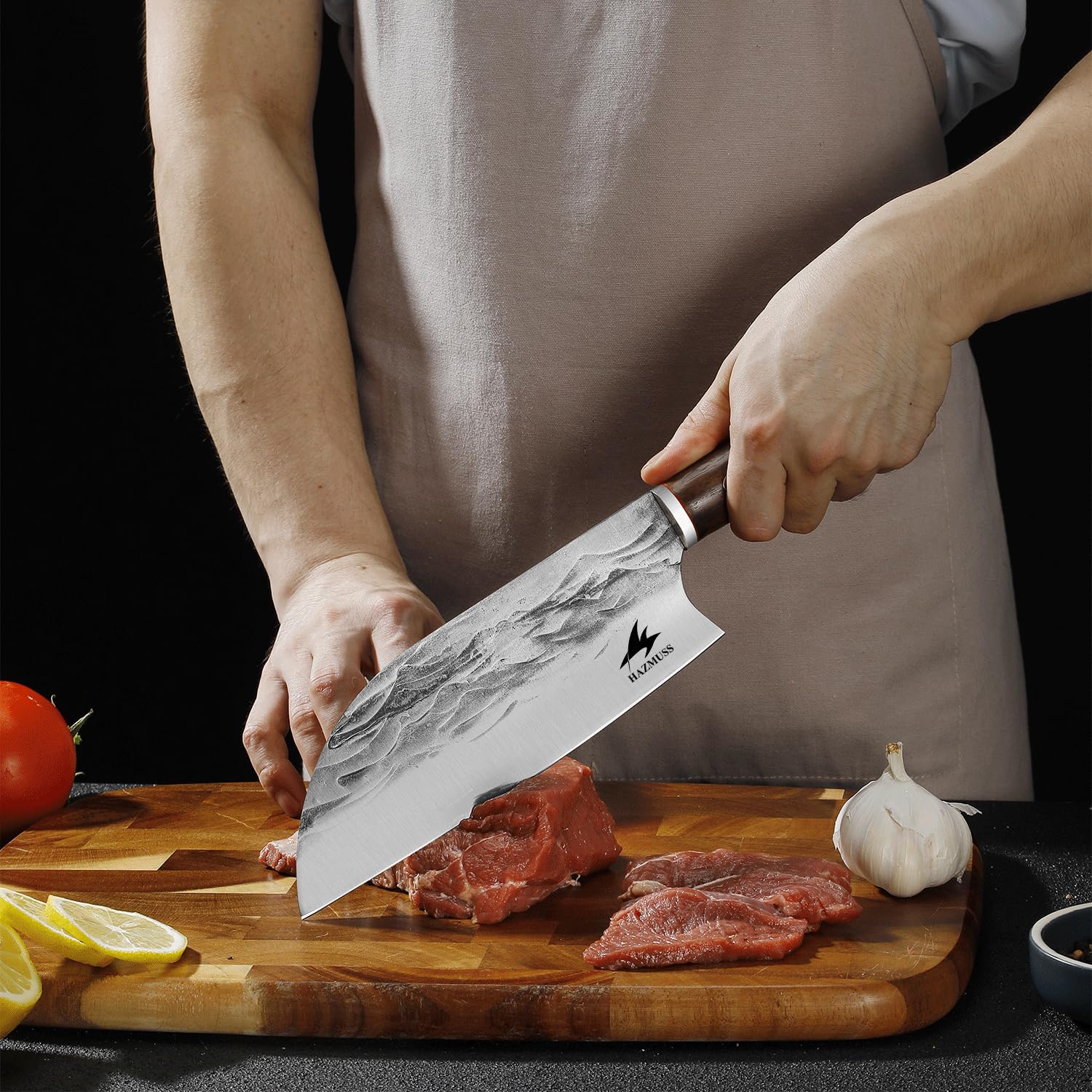 Coltello da Chef Artigianale 19,5 cm, Acciaio Alto Carbonio Affilato, Manico Legno di Frassino + Fodero in Pelle, Ideale per Cucina, Outdoor e Barbecue
