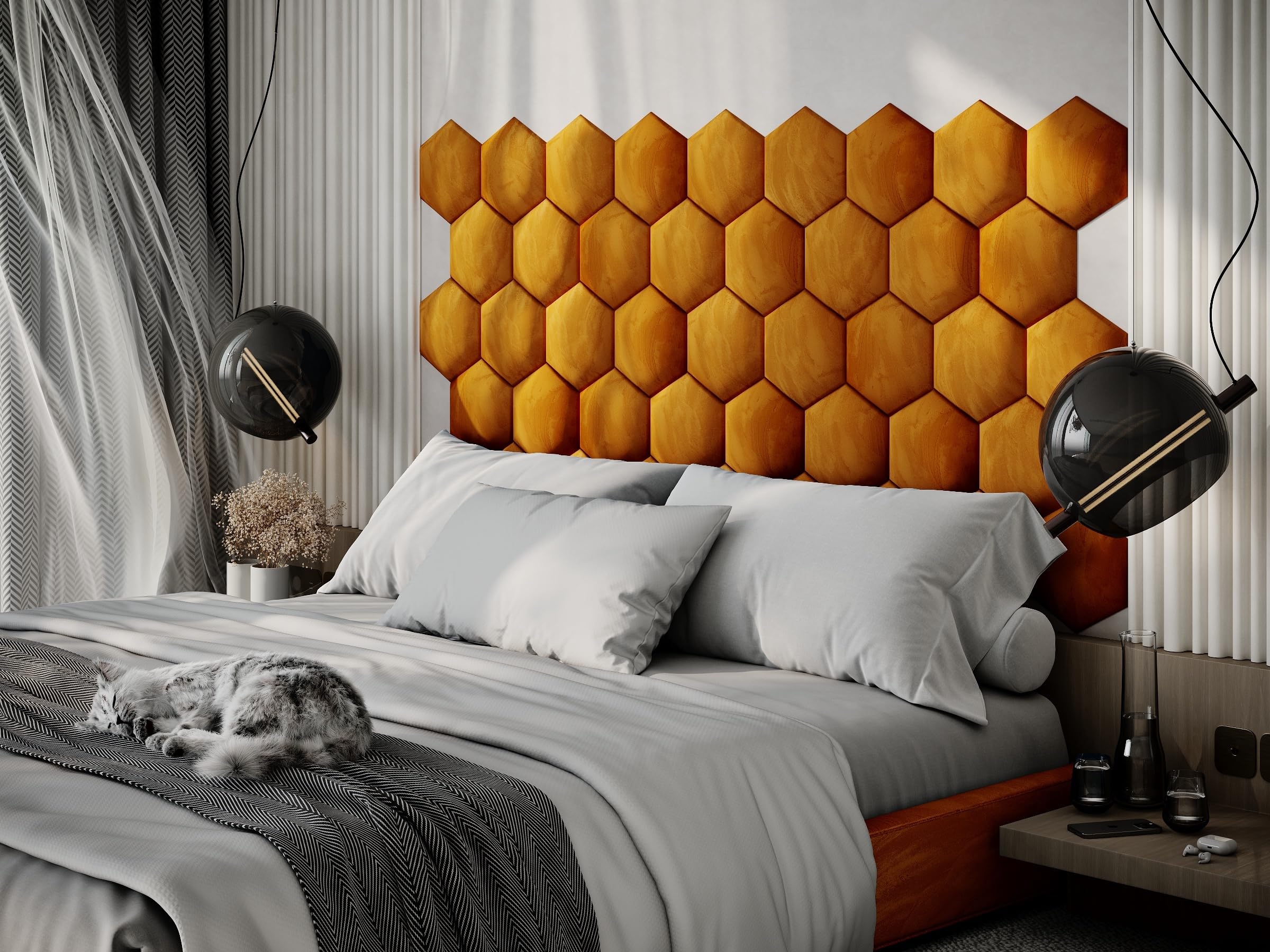 Upholstered Decorative Wall Panels Velvet Headboard Padding | Cushioned Planks | Padded Decor Collision Avoidance | Acoustic Soundproofing Treatment | (Yellow, 4x Hexagon (25x25cm))