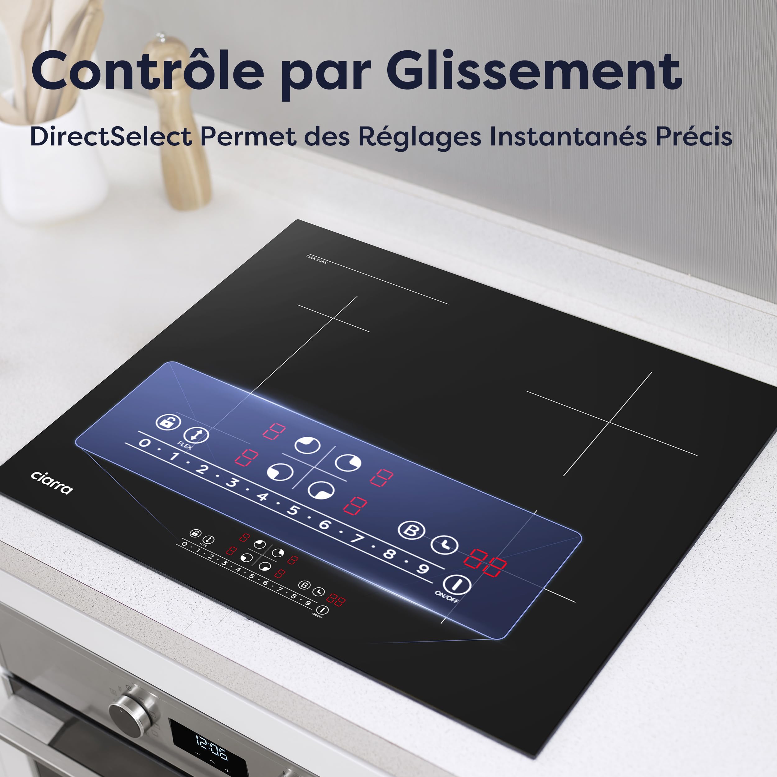 Ciarra 7200W Plaque de Cuisson à Induction 4 Feux - 1 Zone Flexible - Fonction Boost - Commande Tactile - 9 Niveaux de Puissance - Verrouillage d'enfant - Idéale cuisine familiale - Noir