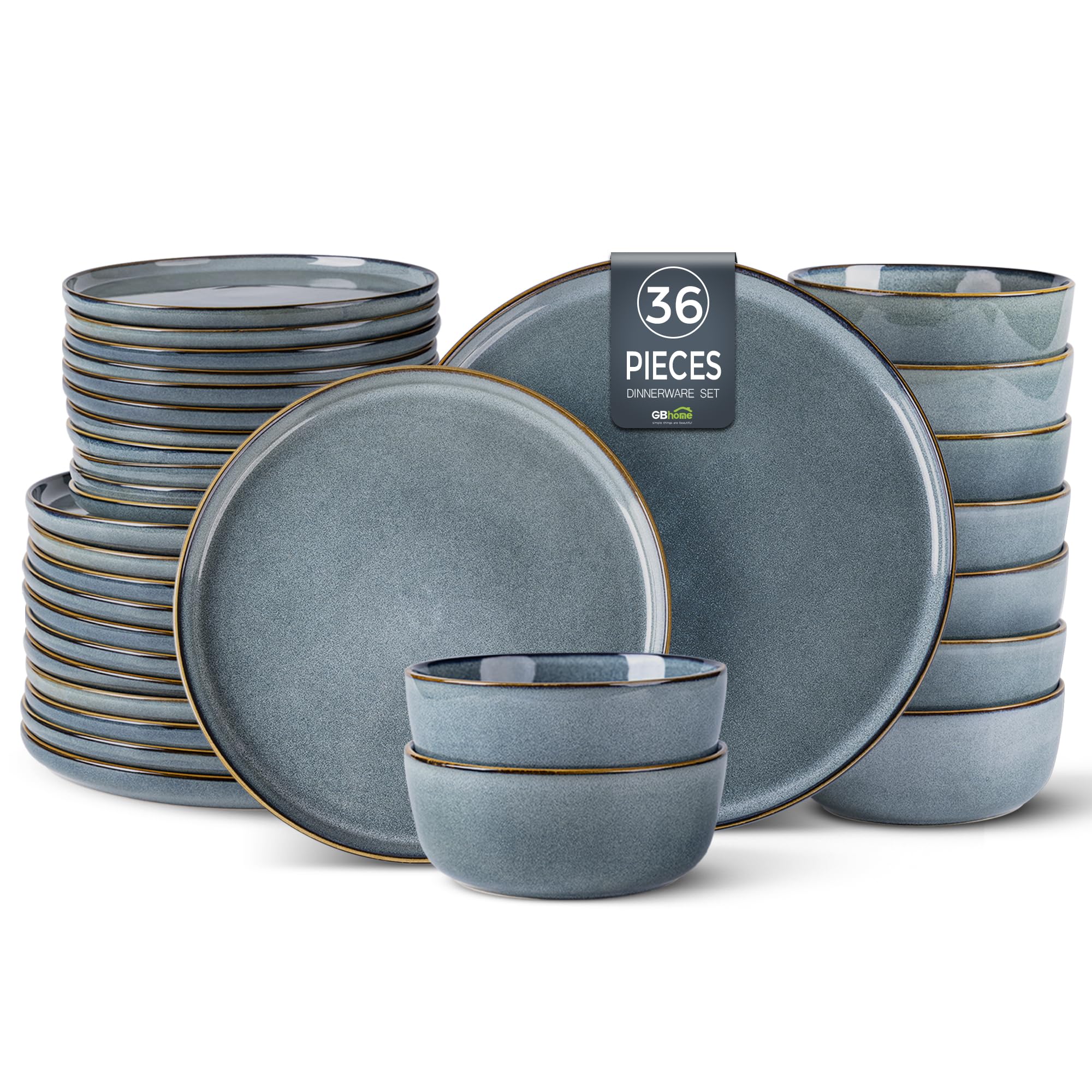 GBHOME Ceramic Dinnerware Sets for 12, 36 Pieces Stoneware Plates and Bowls Sets, Reactive Glaze Dishes -Scratch Resistant, Dishwasher&amp;Microwave Safe, Space Blue