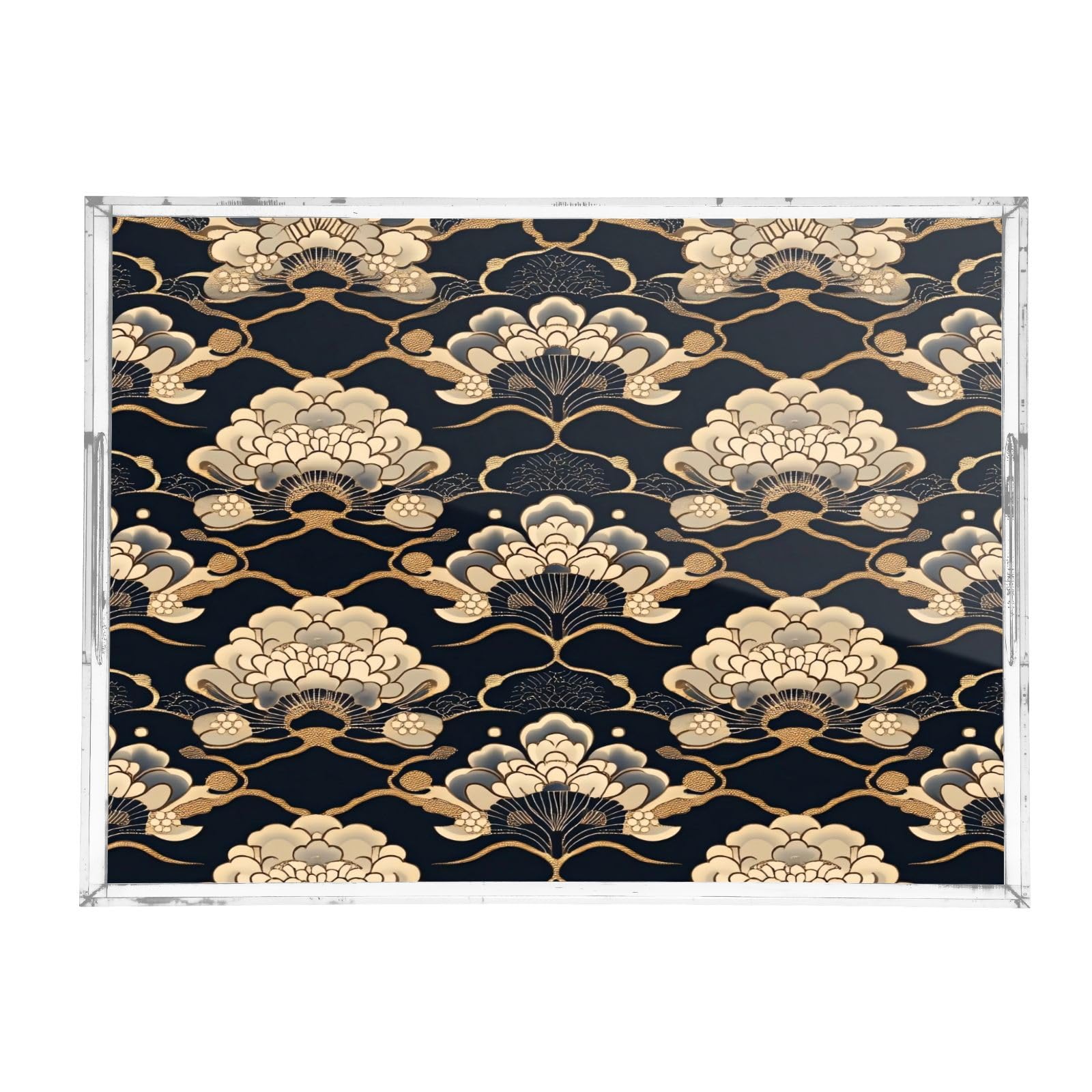 Msyxl Traditional Floral Motif Serving Tray for Coffee Table, Decorative Acrylic Tray Traditional Floral Motif Tray with with Handles for Breakfast, Ottoman, Countertop, 12x16 in