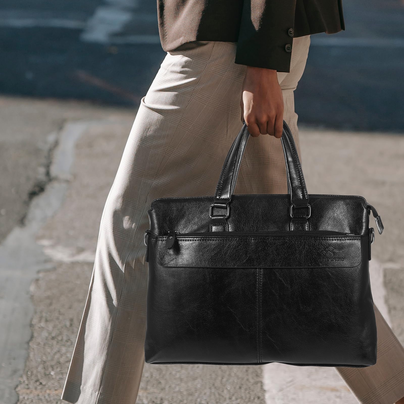 Healeved 1stück Pu Leder Business Handtasche Umhängetasche mit Doppeltem Griff für Laptop Geschäftsreisen Büro Uni Schwarz