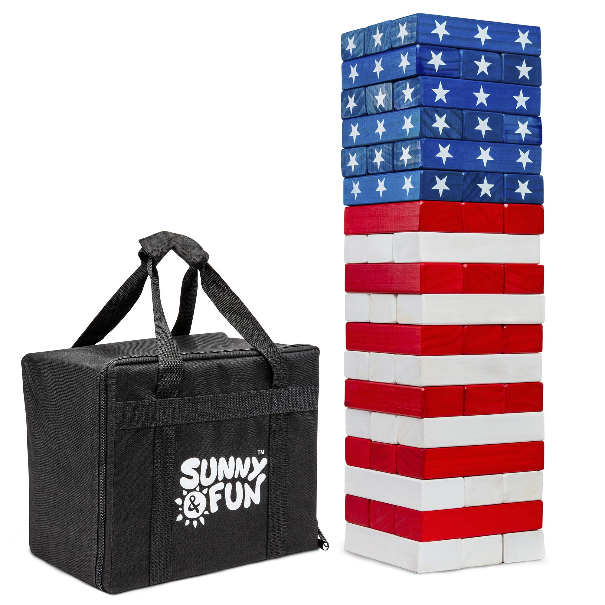 Sunny & Fun Large American Flag Tumbling Tower | 54pc Set Oversized Wooden Toppling Blocks | Indoor/Outdoor Stacking Yard Game for Adults & Kids | Great for Party Lawn Backyard | w/ Storage Carry Bag