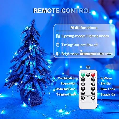 Vista 2 de JMEXSUSS Paquete de 2 luces de hadas azules que funcionan con pilas, 100 luces LED azules de 33 pies impermeables con temporizador remoto, luces