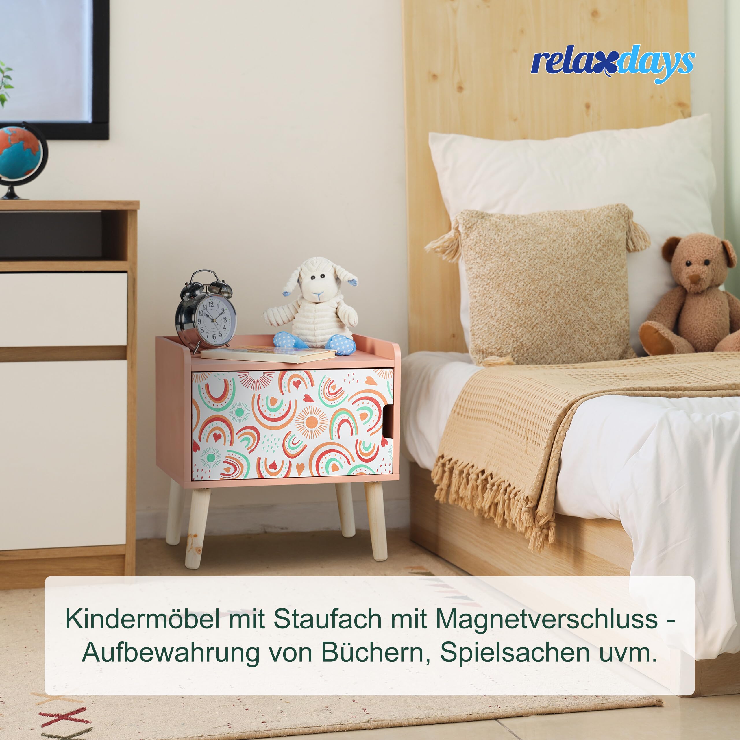 Relaxdays Nachttisch Kinder, mit Staufach, HBT: 41 x 40 x 30 cm, Kinderzimmer, Kinderkommode Regenbogen, Holz, MDF, bunt, Rainbows