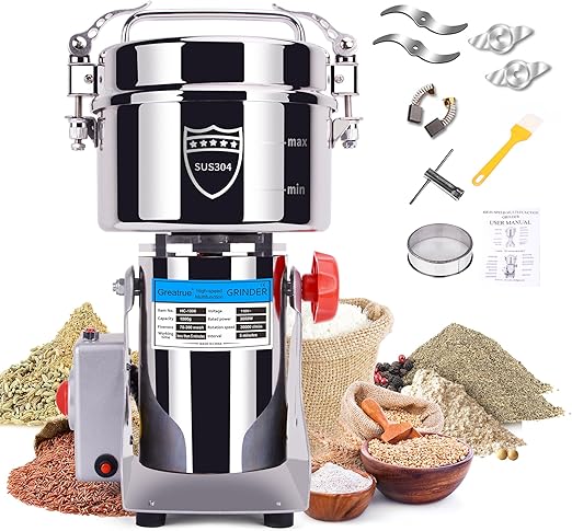 1000g Electric Grain Mill Grinder, 304 Stainless Steel Flour Mill, 3000W High Speed Spice Grinder, Electric Grain Mill for Dry Wheat, Oats, Corn, Pepper and Coffee Beans