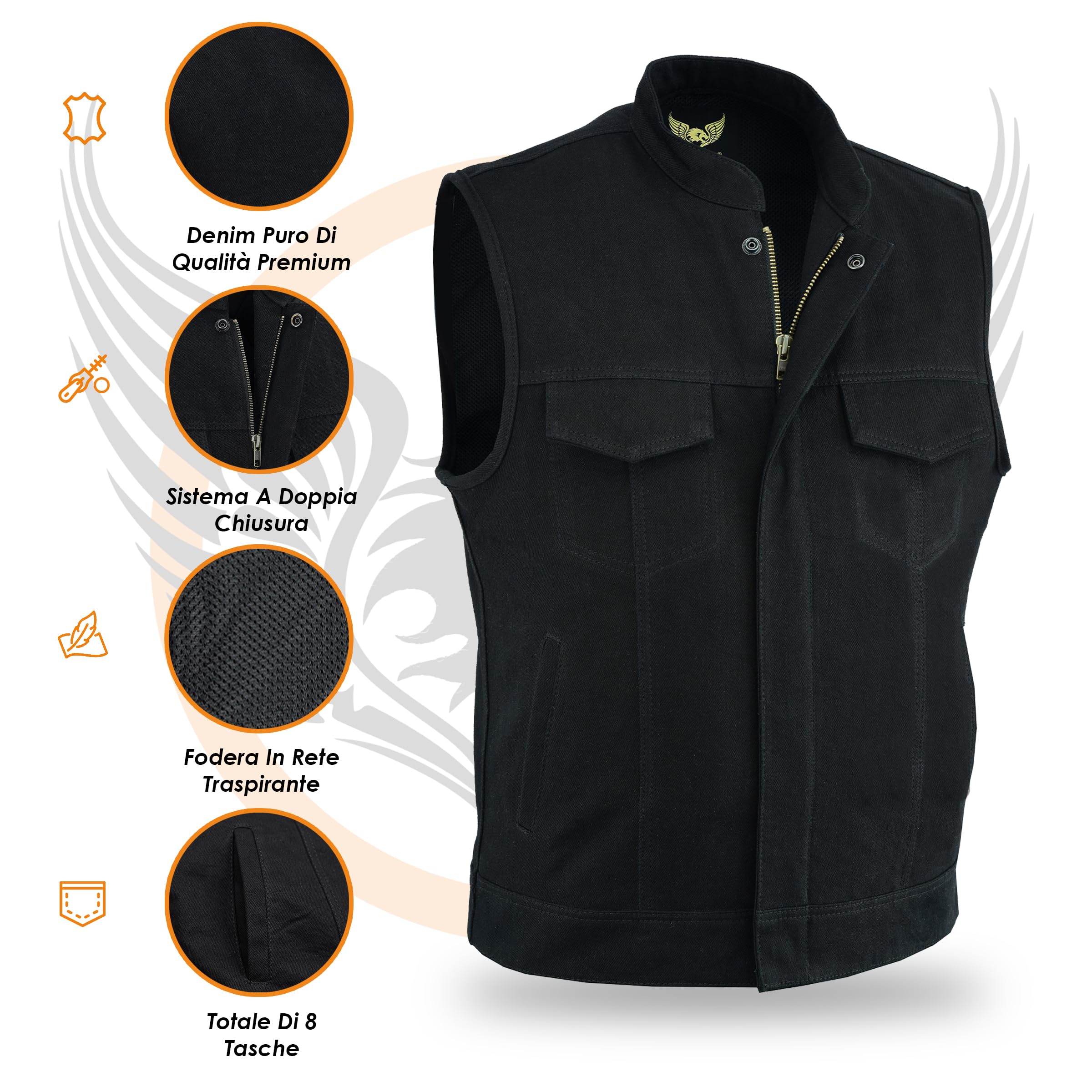 Leatherick Gilet da motociclista da uomo in denim pesante con interno traspirante, gilet da motociclista a doppia chiusura con tasche per il trasporto nascoste