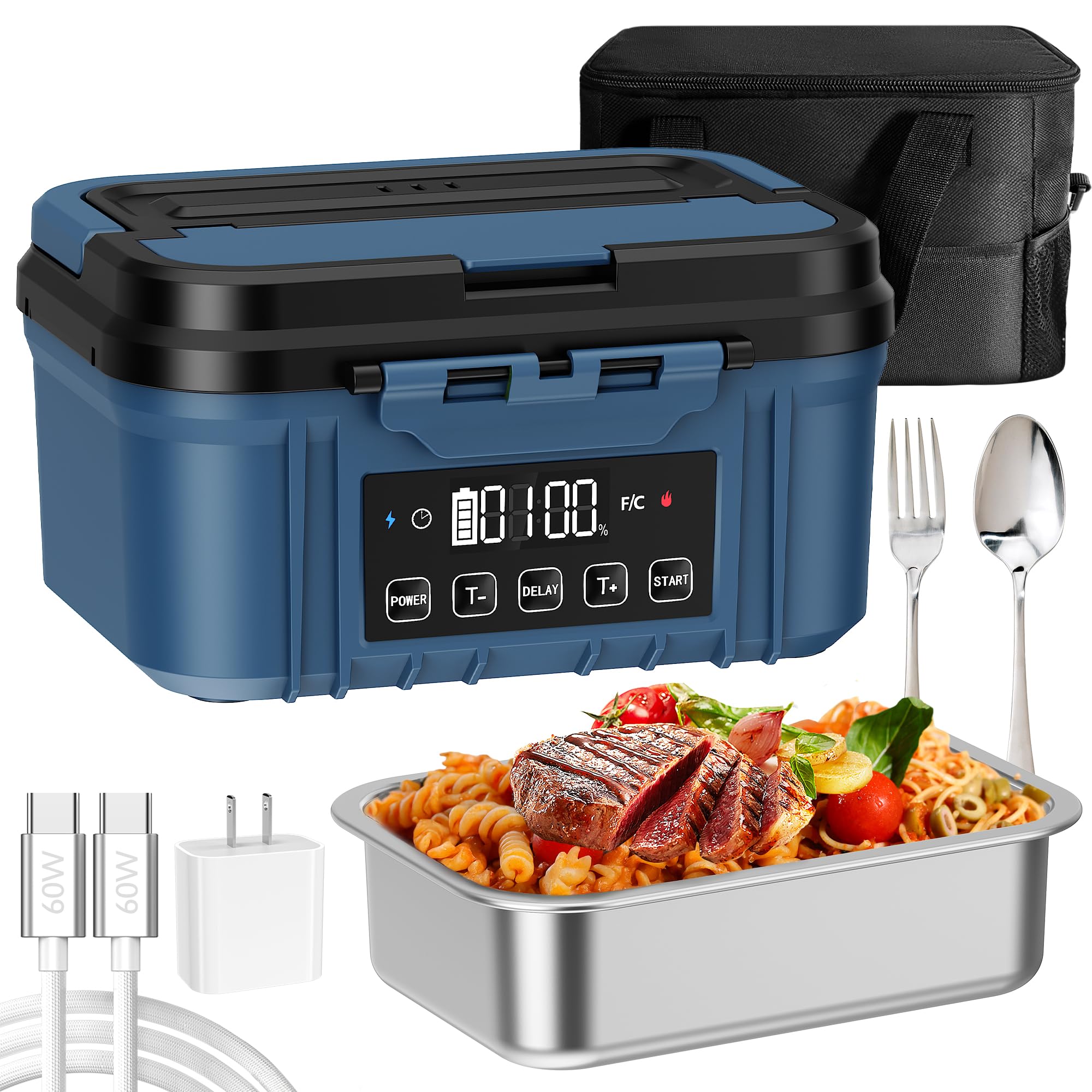 Cordless Electric Lunch Box for Adults Battery-Powered Heated Lunch Box with 1 2L Stainless Steel Container Timer Function