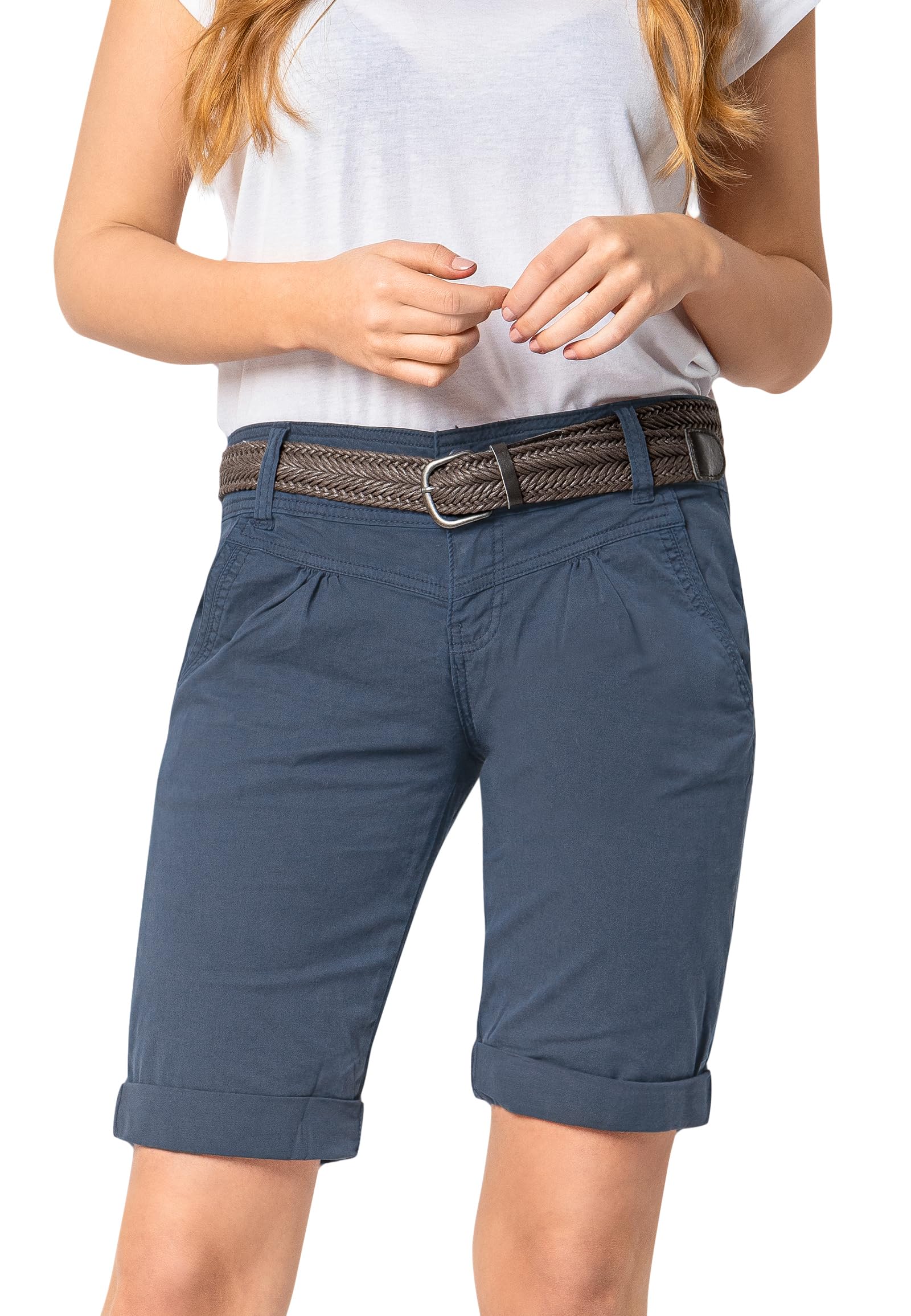 FRESH MADE Damen Bermuda-Shorts im Chino Style mit Gürtel Baumwoll Stretch Twill