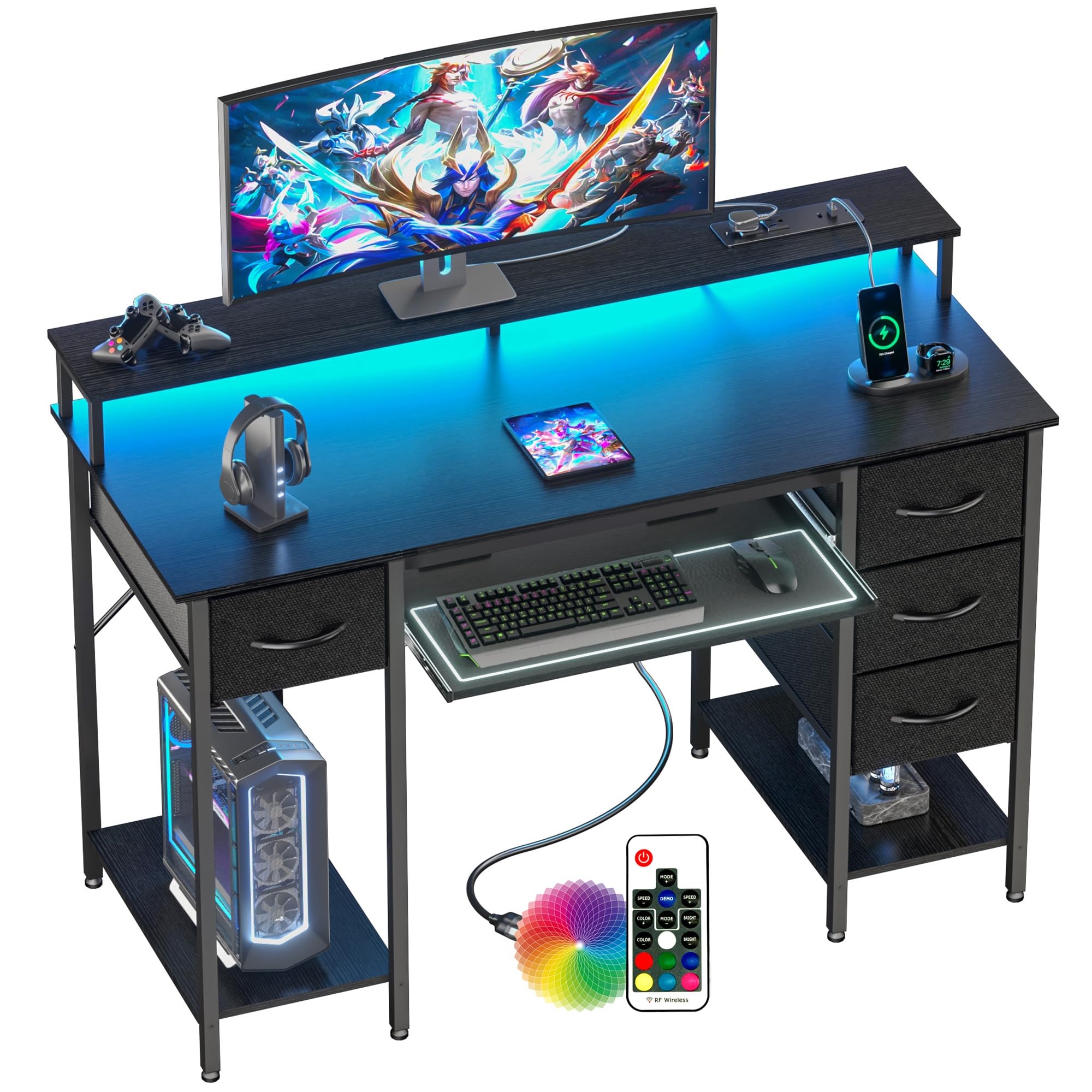 BEXEVUE Bureau Informatique Multiprise Intégrée LED - 120x50cm Table Gaming avec Plateau pour Clavier, 4 Tiroirs Réversibles, Rangement Étagère pour Etudier Jouer Travailler Chambre Domicile Salon
