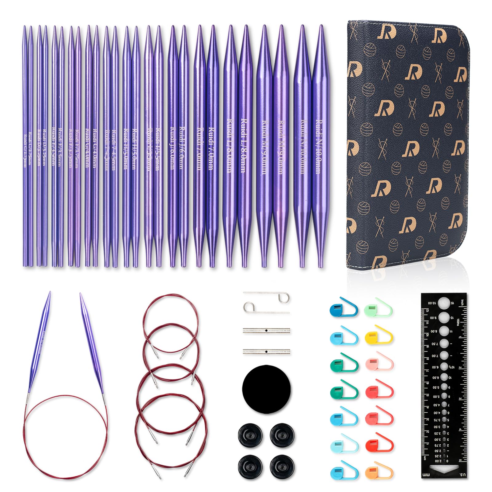 RUIDI Stricknadeln Set Austauschbar, Leichtes Rundstricknadeln Set Austauschbar mit Etui & Zubehör, 13 Paare Rundstricknadeln (13cm) in Größen von 2,75 mm bis 10 mm (Violett)