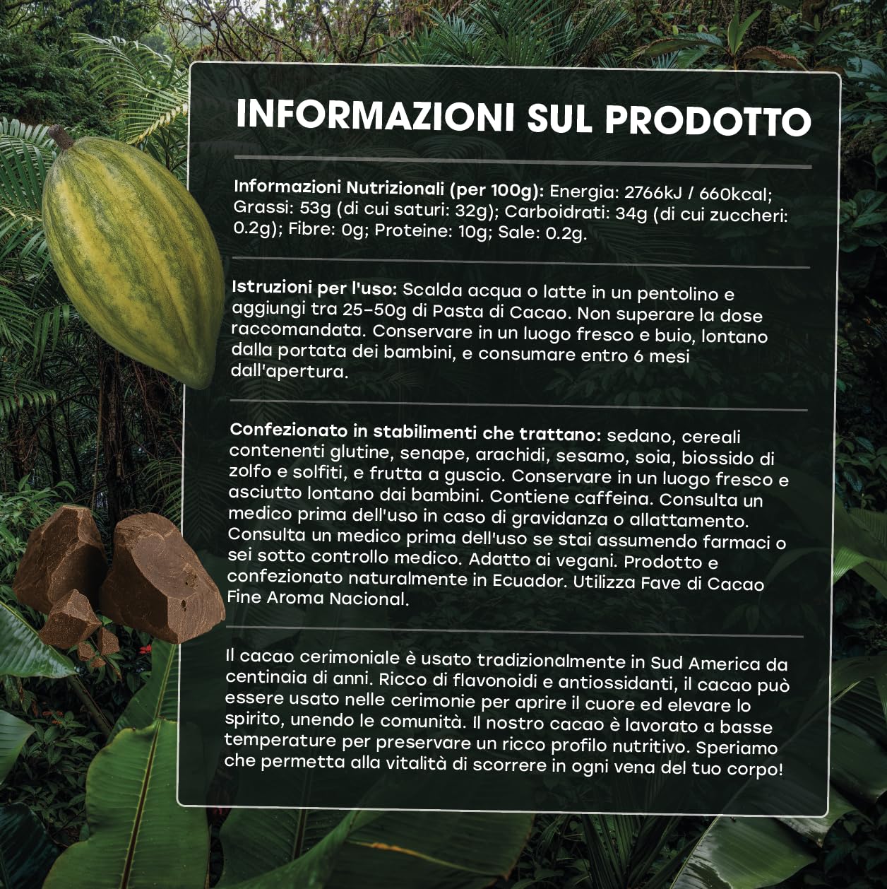 Pasta Di Cacao Cerimoniale Ecuadoriano 500 G – Fava Nacional – Il Cioccolato Da Bere Più Antico Al Mondo – Blocco Di Cacao Cerimoniale Puro