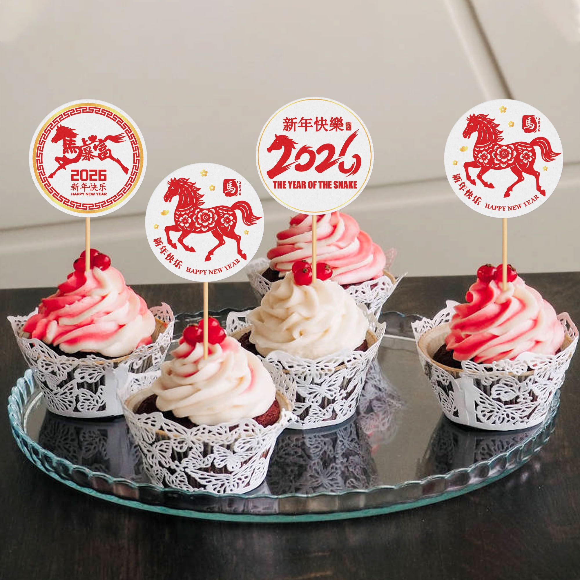 Blumomon 24Pcs Happy New Year Cupcake Toppers 2026 Horse Year Cupcake Toppers Picks 2026 Celebration Party Decorations New Years Eve Holiday Decor Glitter Party Accessories - Image 4