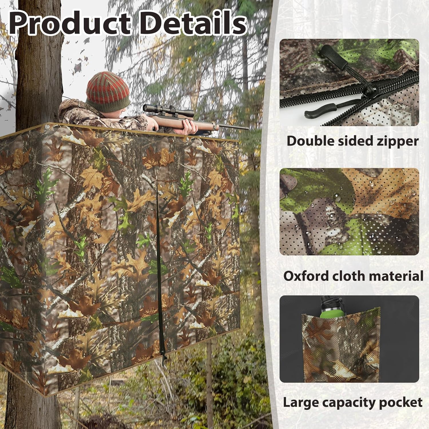 See Through Hunting Tree Stand Blinds, 142" x 36"/ 102" x 36" Camo Tree Stand Cover, Universal 2 Man Ladder Stand Blind Kit with Zipper, Pocket Storage Bag for Deer Hunting(Frames Not Included) - Image 5