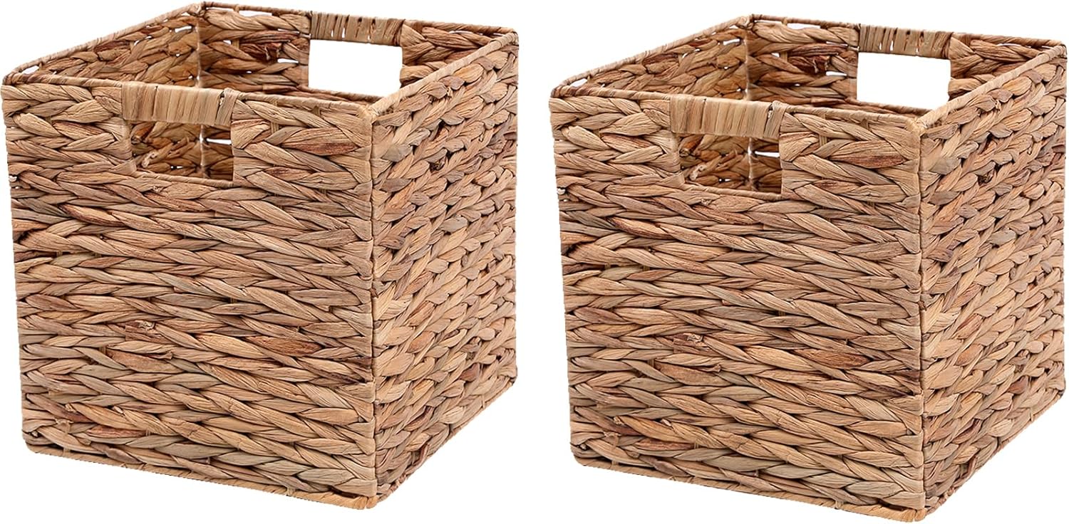 Wicker Storage Baskets 11 Inch Cube Storage Bins,Set of 2 Natural Foldable Square Baskets for Storage,Water Hyacinth Baskets,Handwoven Storage Baskets for Shelves,Kitchen or Outdoor