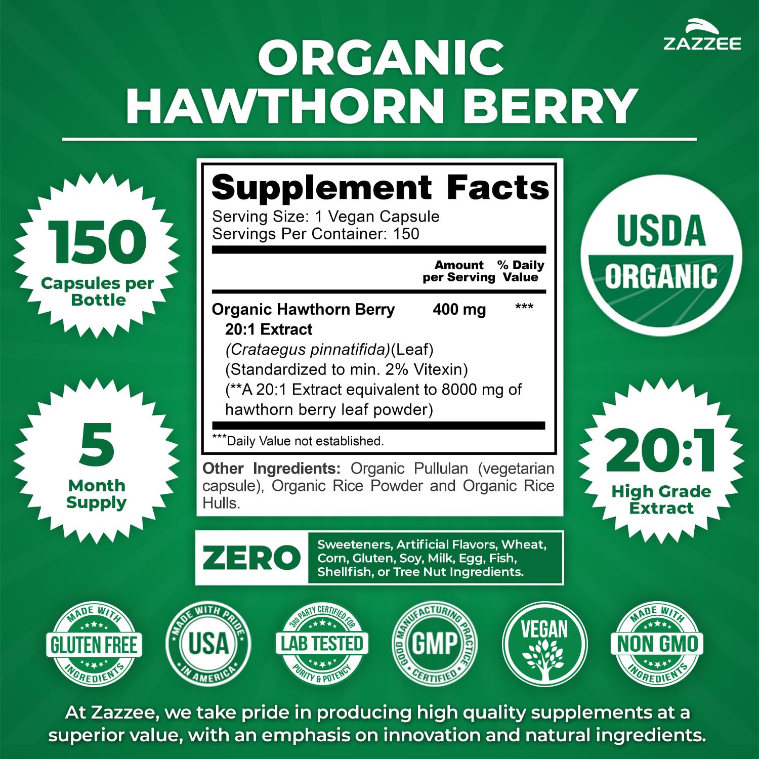 Zazzee USDA Organic Hawthorn Berry 20:1 Extract, 2% Vitexin, 150 Capsules — Amazon image 3