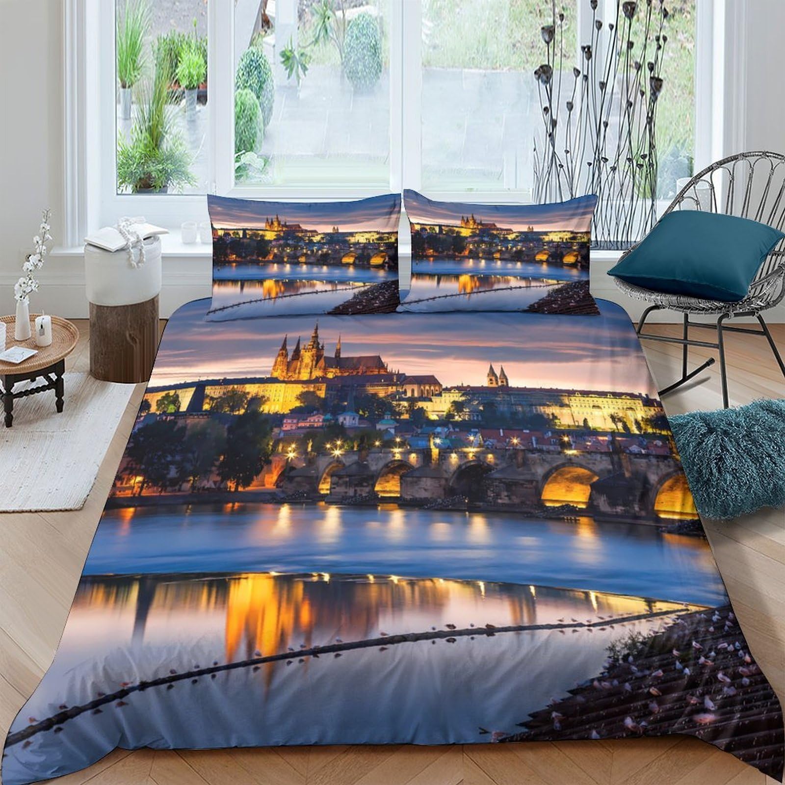 Ctjqhvkz Style-9 3D Printed City Nightscape Fitted Sheet Microfiber Soft Breathable River Reflection Bed Sheet For Bedroom Dorm Mattress Protection Decor Single（135X200cm）