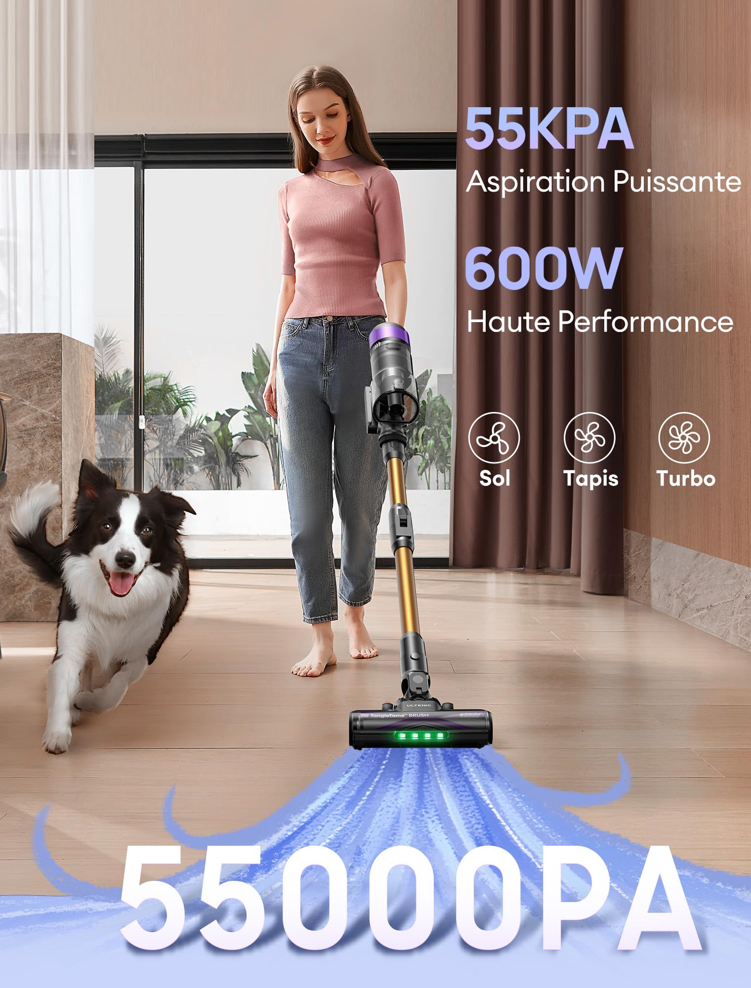 Ultenic Aspirateur Balai sans Fil, 55kPa Puissant pour Poils Animaux, Technologie GreenEye, Tube Pliable 65cm, Filtre HEPA H13 Anti-Allergie, 60min Autonomie, Sol Dur/Voiture/Moquette