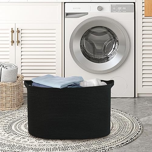 Miniatura 7 de Extra Large Rectangle Storage Basket, 23.6" x 17" x 12" Black Blanket Basket Storage for Living Room, Large Soft Woven Cotton Rope Basket, Kids Toy