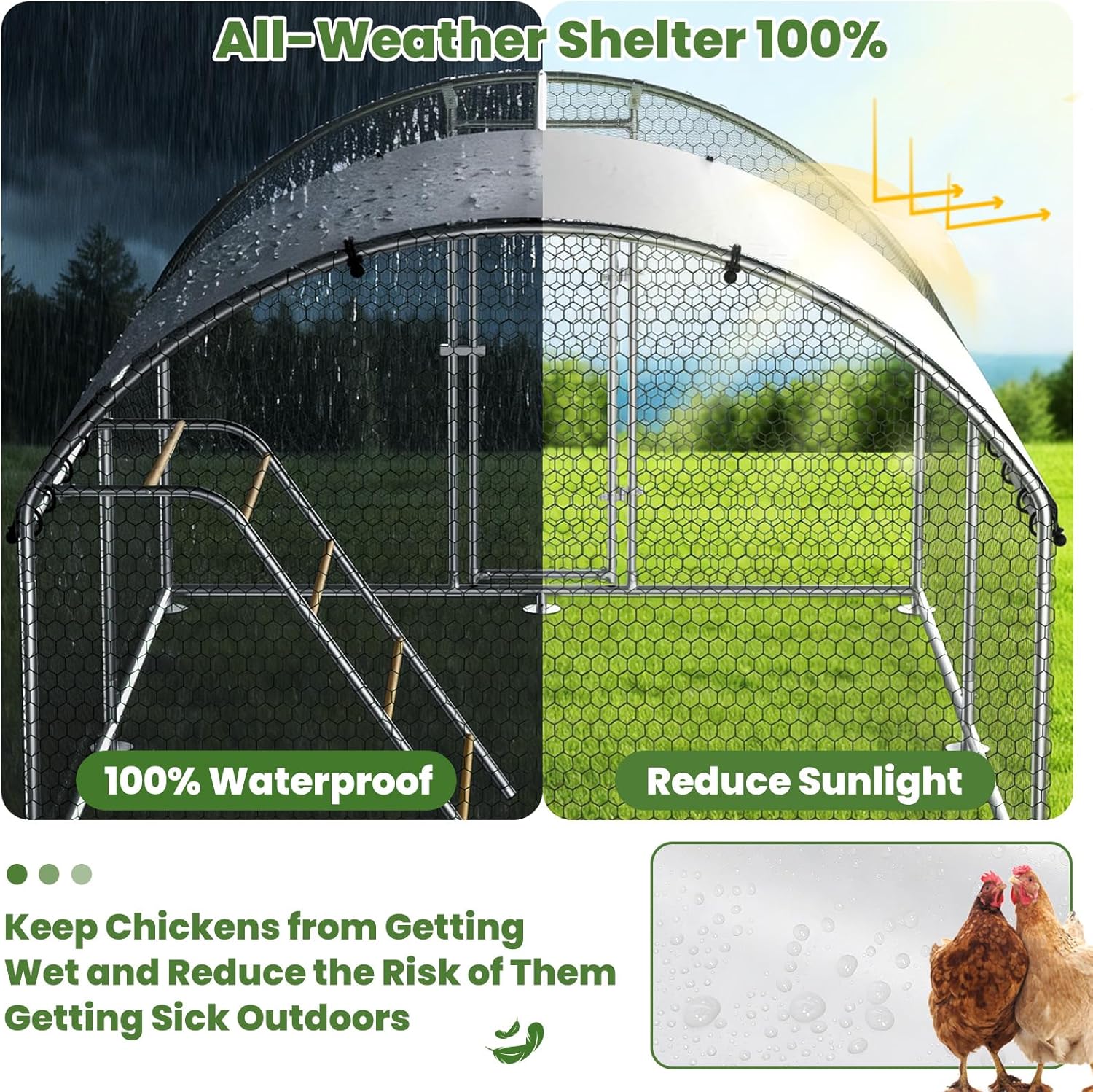 Large Metal Chicken Coop Walk-in Poultry Cage with Waterproof Roosting Perch and UV-Resistant Cover, Outdoor Chicken Run Poultry Hen House for Backyard Farm Use,Dome Roof(10’ W x 13.2’ L x 6.4’ H)