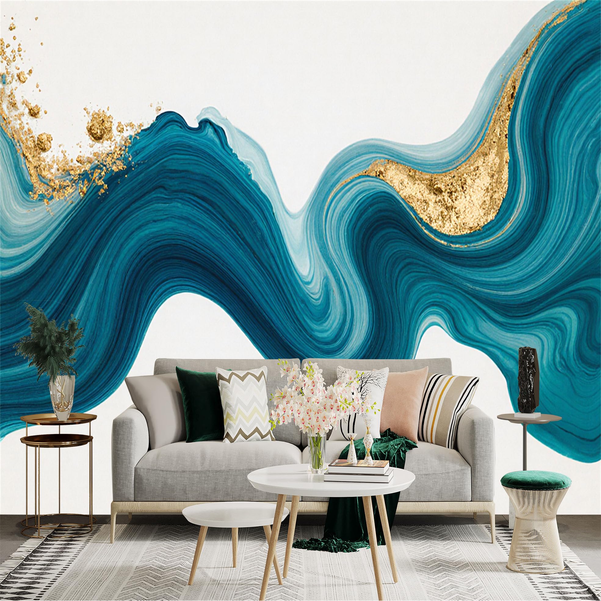 Custom Size Wall Sticker Mural， Abstract Teal Blue Wave with Gold Leaf Texture， Fluid Liquid Art， Elegant Modern Home Decor， for wall Decoration， peelandstick wall Decals.