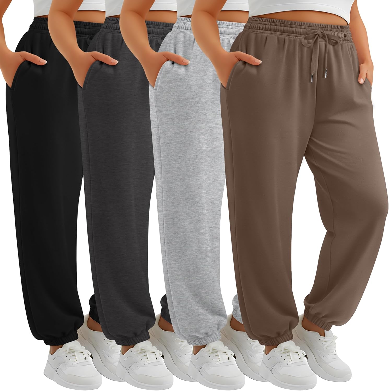 4 Pack Women's Plus Size Sweatpants, Drawstring Loose Fit Joggers Pants Comfy Casual Athletic Pants with Pockets