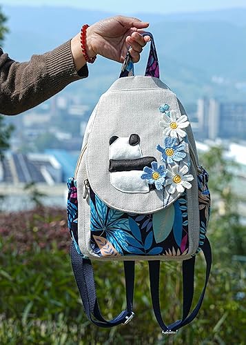 Vista 4 de HUANGGUOSHU Mujer de algodón tejido bohemio cáñamo Boho lona bordado múltiples bolsillos retro linda mochila cartera mochila mochila gato caprichoso