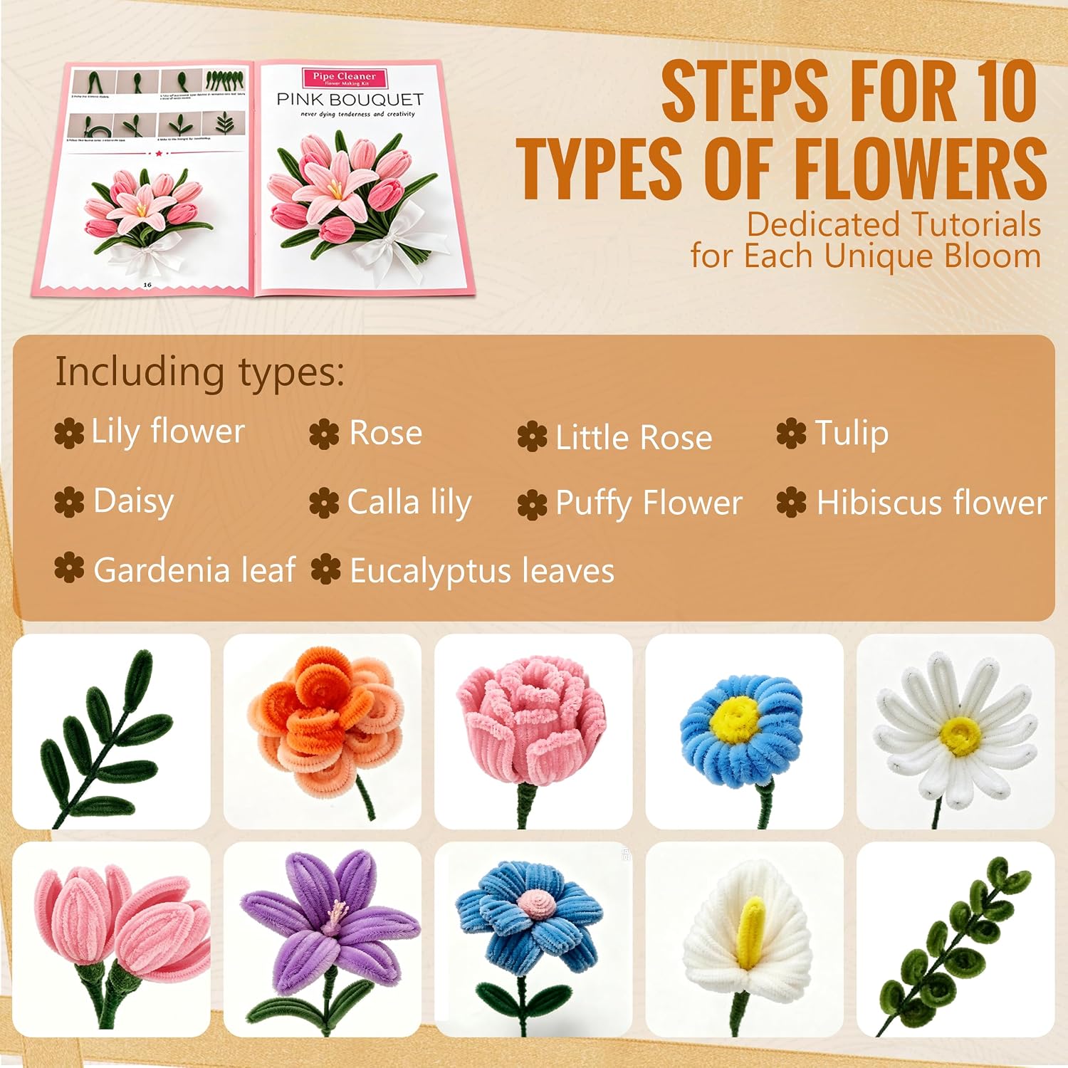 1073 Bulk Pipe Cleaners Flower Kit, 8mm Thick Pipe Cleaners Flowers with Instructions, 12 Colors Chenille Stems Pipe Cleaner Flower Making Kit for Beginners, Teacher Appreciation & Summer Crafts (A)