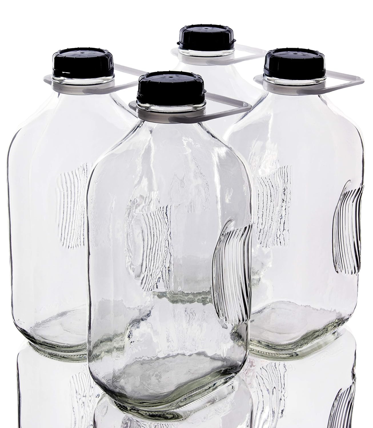 North Mountain Supply 64 Ounce Heavy Glass Milk Bottle/Jug - 4 Pack - with 8 Tamper-Evident Lids & 4 Carry Handles