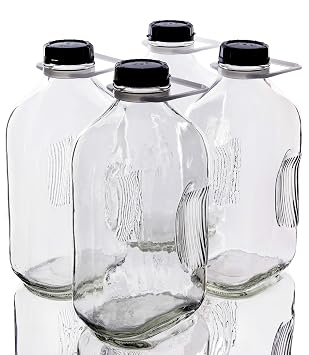 North Mountain Supply 64 Ounce Heavy Glass Milk Bottle/Jug - 4 Pack - with 8 Tamper-Evident Lids & 4 Carry Handles