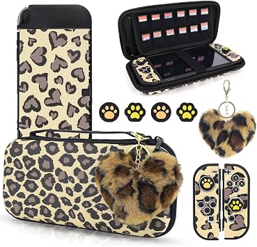 DLseego Brown Love Leopard Carrying Case for Switch OLED, Cute Silicone Protective Soft Cover with 4PCS Thumb Grip Caps and Brown Plush Heart Pendant Hard Storage Case Accessories Kit Bundle for Girls