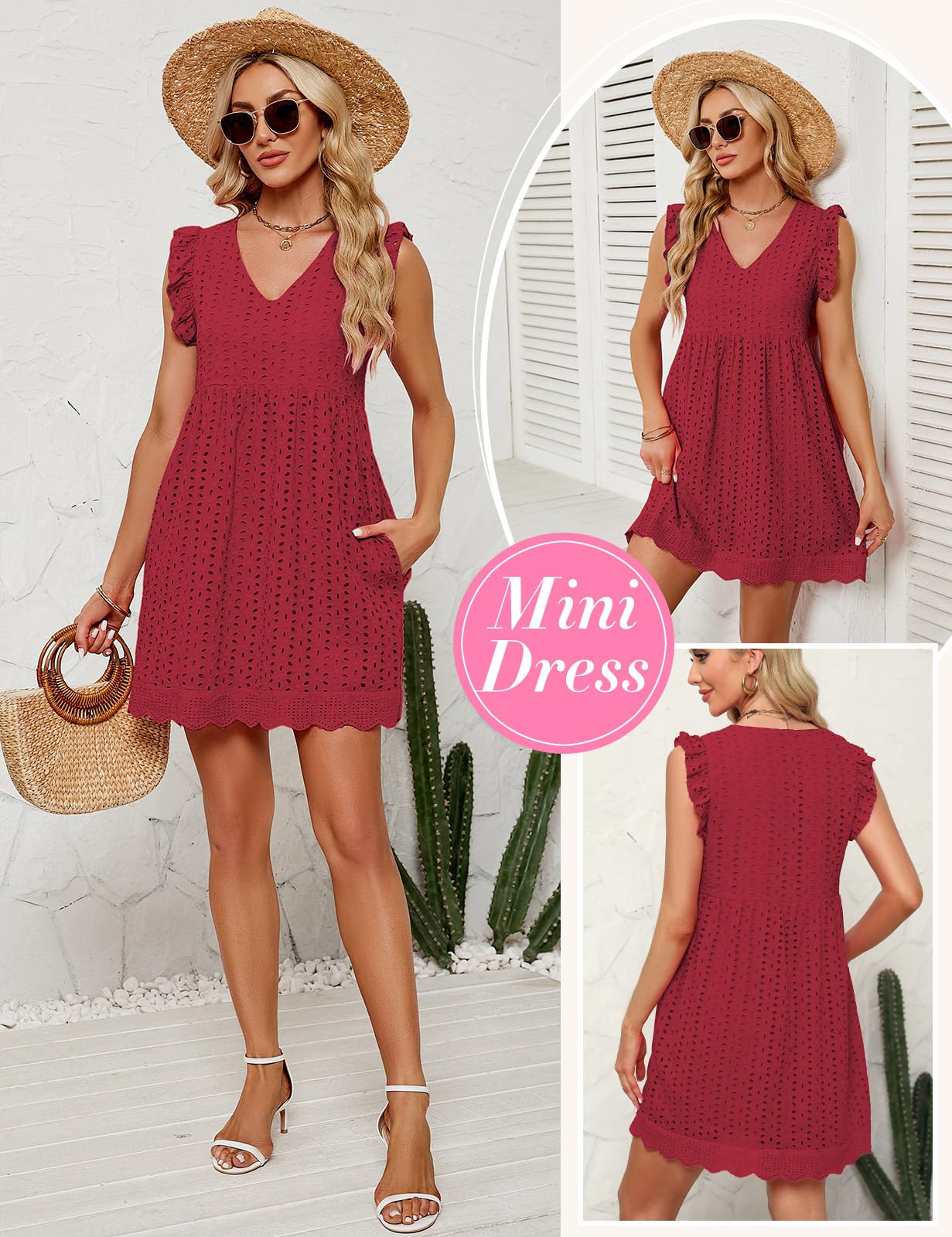heekpek Vestidos Verano Mujer Sin Mangas con Volantes Algodón Cuello V Mini Vestido Sueltos Hueco de Flores Jacquard Cómodo Casual Vestidos de Playa con Bolsillos
