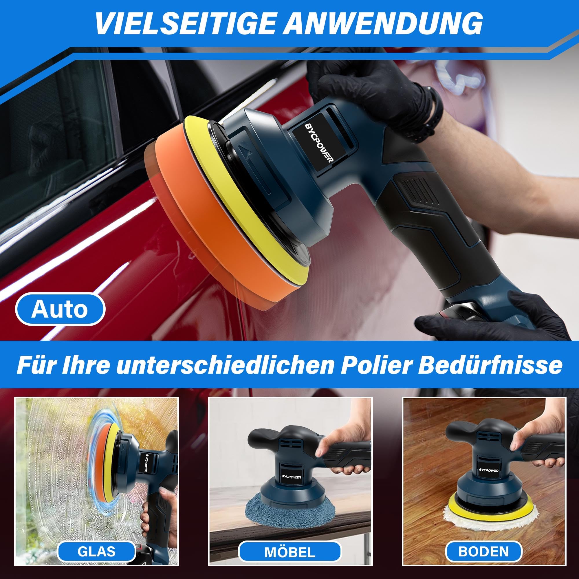 Poliermaschine Akku 150mm für Bosch Professional 18V, 6 Zoll Exzenter Polierer mit 3 Gängen (550-6000 U/min), 21-tlg. Auto Polierset für großflächige Autopflege & Lackkorrektur (Ohne Akku)