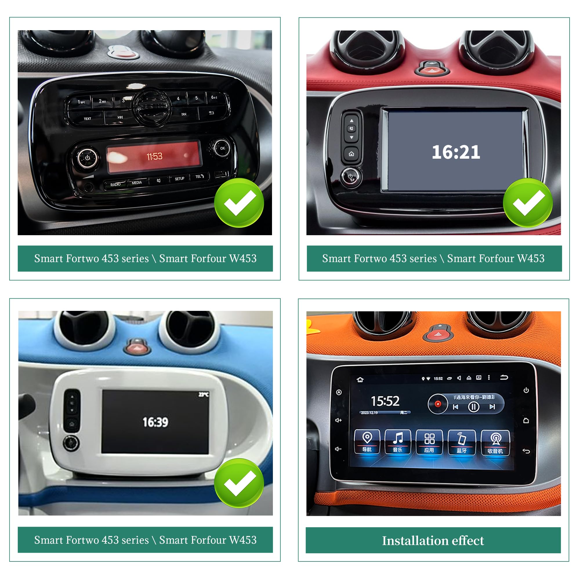 Für Smart Fortwo Forfour 453 (2015–2019) CarPlay Radio Dash Kit 9 Zoll Touchscreen Upgrade Android Auto Vollbild YouTube Spotify Android GPS Navigation unterstützt Rückfahrkameras