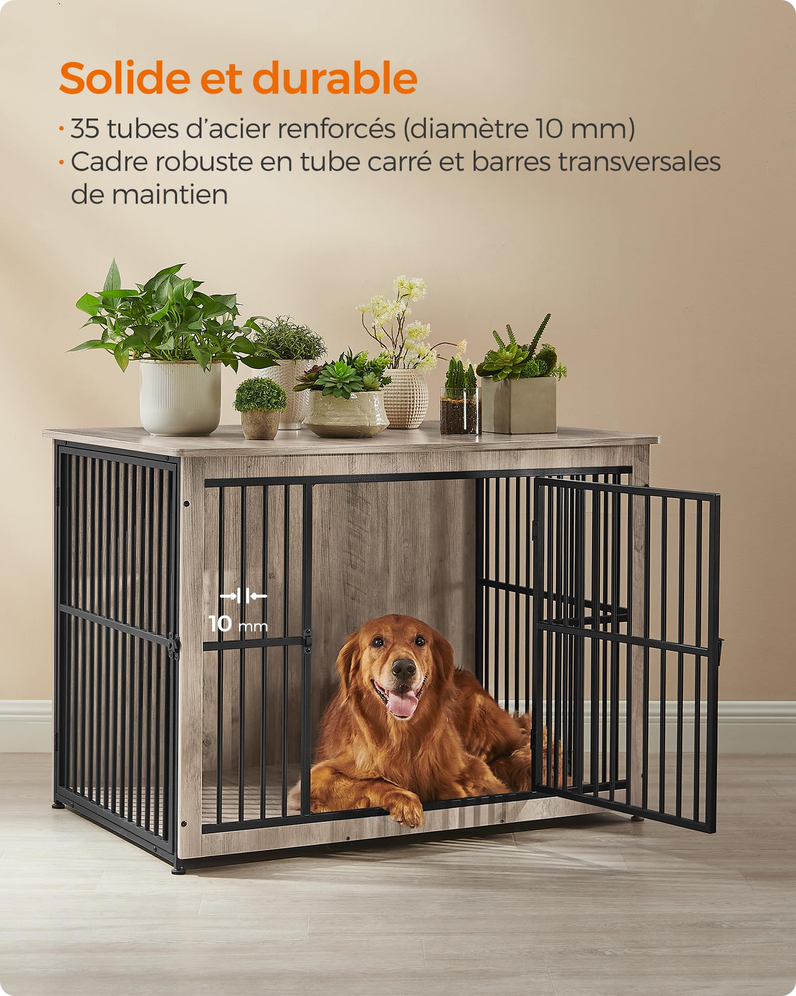 Feandrea Meuble Cage pour Chien, Table d’Appoint, Niche Moderne pour Chiens Jusqu’à 37 kg, Cage Solide pour Chien avec Fond Plein, Double Porte, Grège Chiné PFC024G01