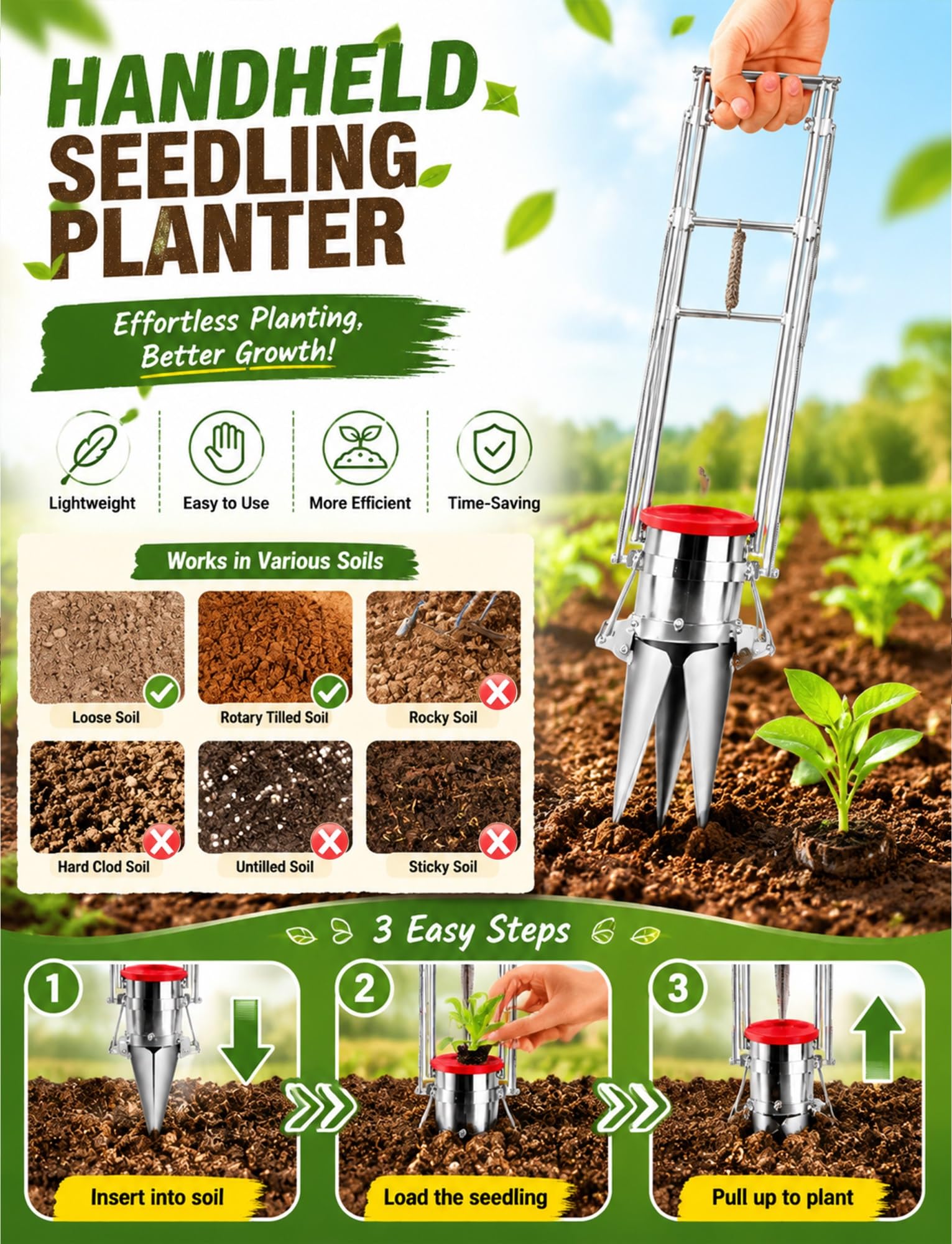 Générique Transplanteur de semis Manuel à 3 Ouvertures, Outil de Plantation à Long Manche pour Un Jardinage Efficace(0.33 Feet,20 cm/0.66 Feet)