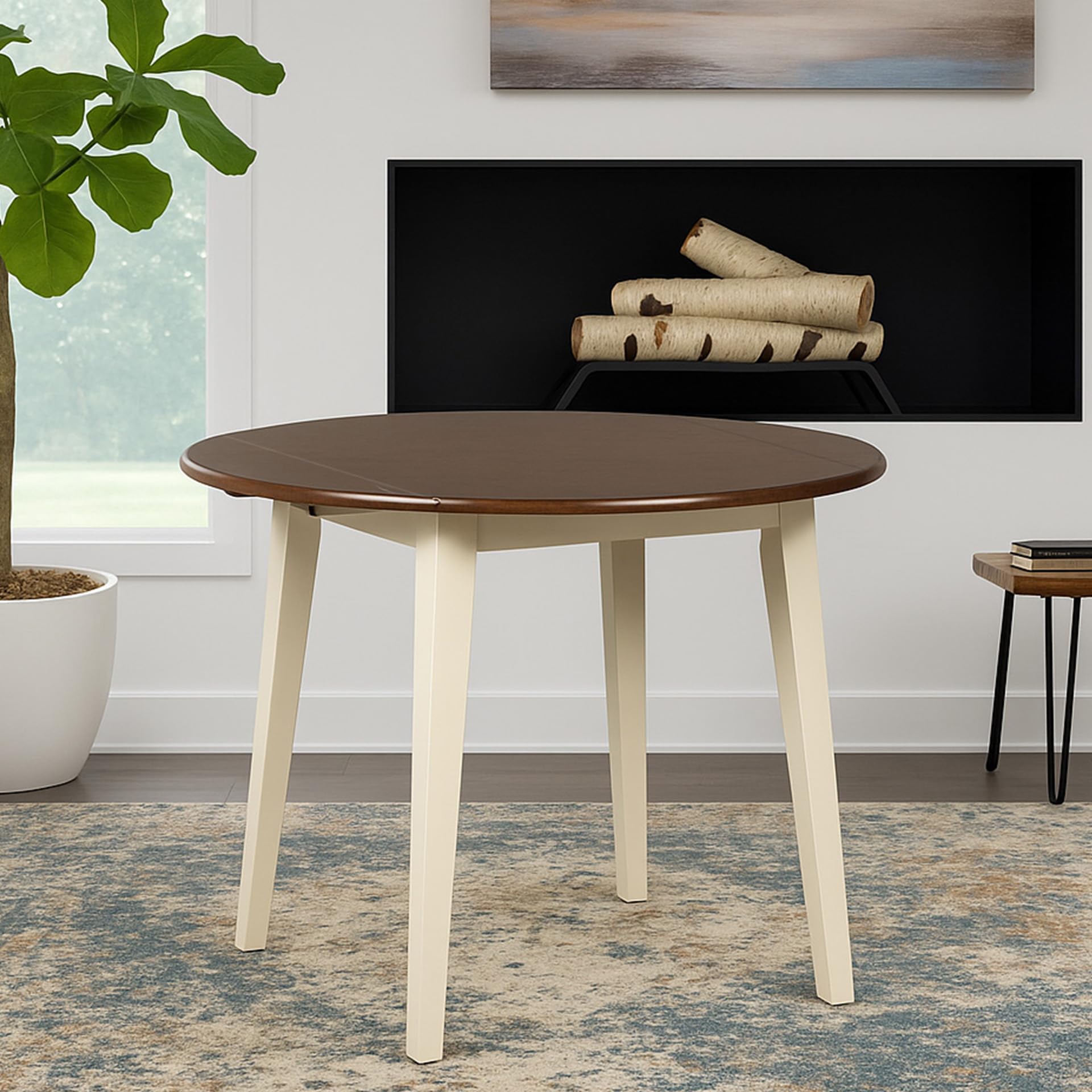 signature design by ashley woodanville cottage 40" round drop leaf dining table, cream & brown