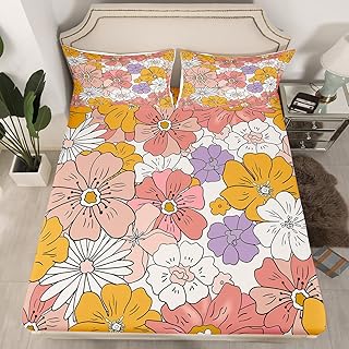 Retro Floral Boho Fitted Sheet Groovy Flower Bed Sheet Set for Kids Children Teens 60S 70S 80S Hippie Flowers Pink Purple Yellow Bedding Set Bed Cover Bedroom Decor 3Pcs Queen Size