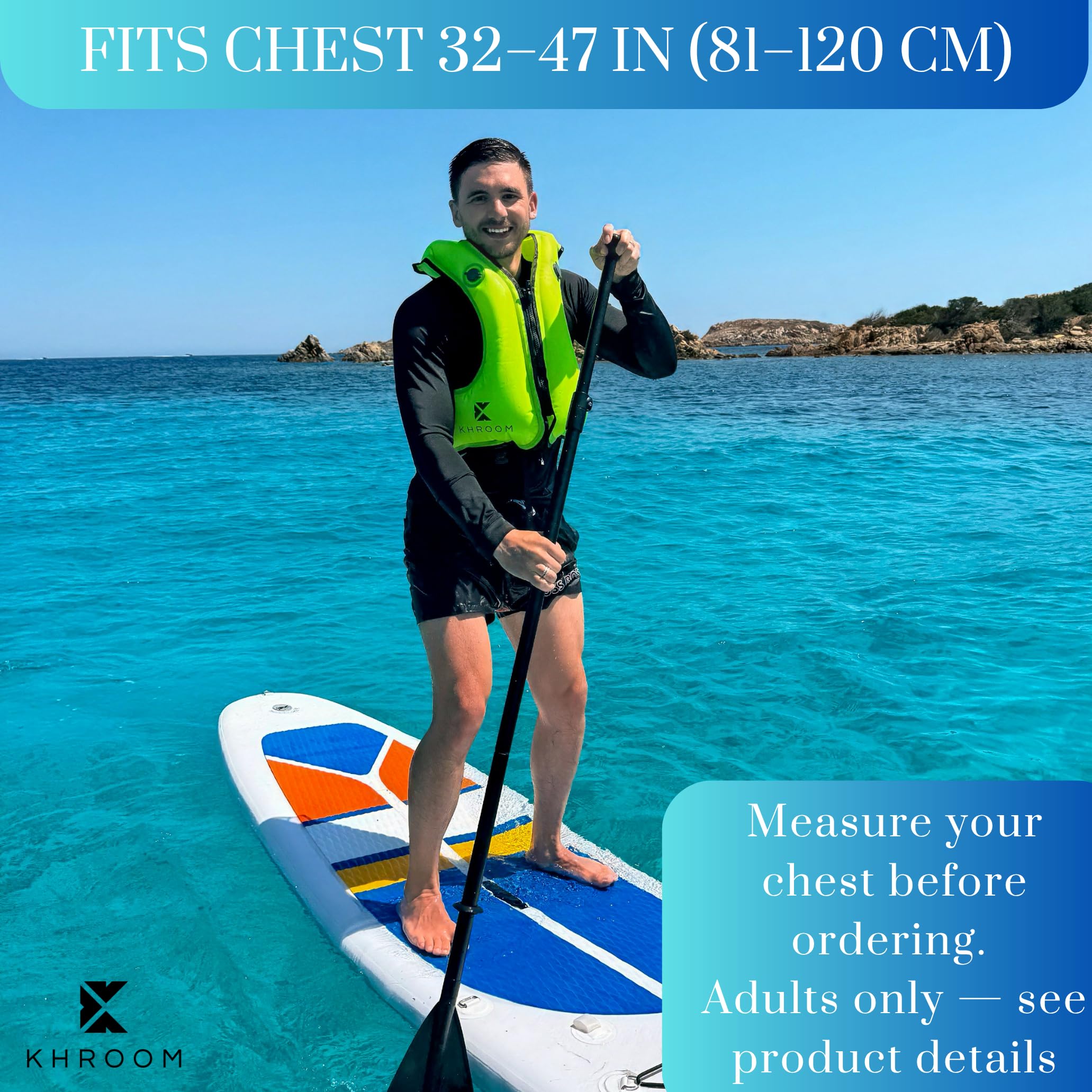Khroom aufblasbare Schwimmweste | 1,50m - 2,10m / 40Kg - 110Kg | wiegt nur 400 Gramm | Schwimmhilfe für Erwachsene zum Schnorcheln, Kajak und SUP - Schnorchelweste Auftriebsweste (Blau